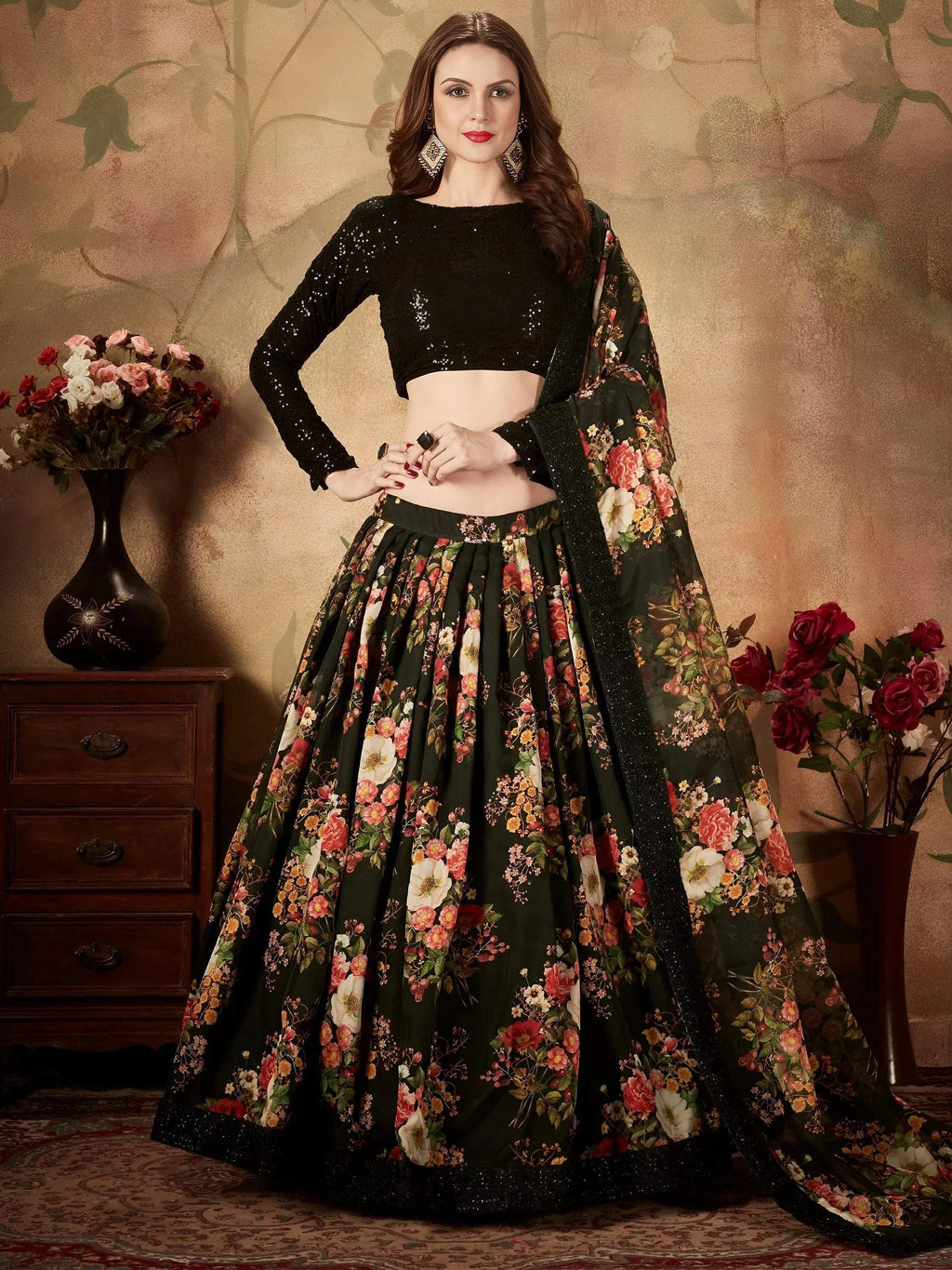 Tulsi Art Black Floral Digital Printed Organza Party Wear Lehenga Choli | Grocsy