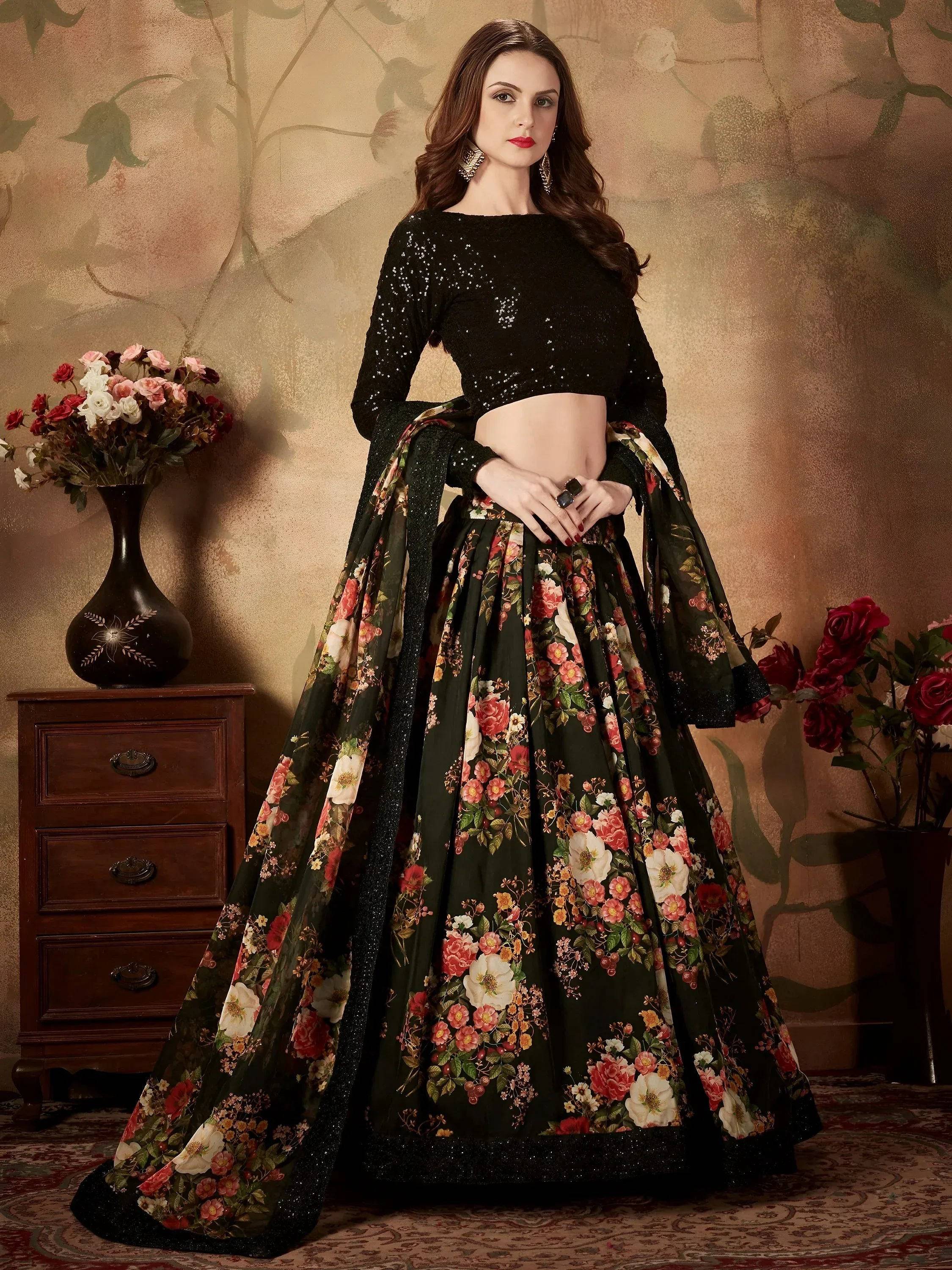 Tulsi Art Black Floral Digital Printed Organza Party Wear Lehenga Choli | Grocsy