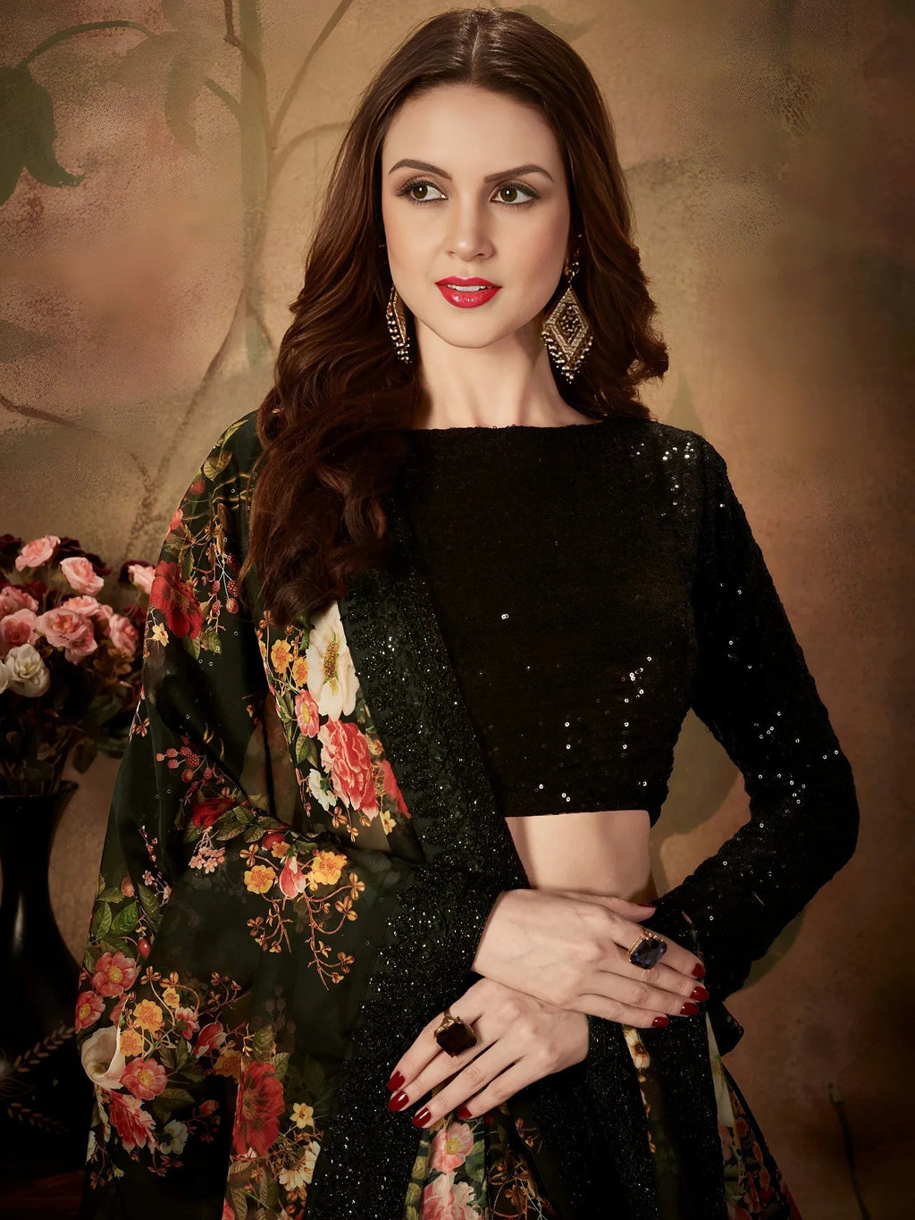 Tulsi Art Black Floral Digital Printed Organza Party Wear Lehenga Choli | Grocsy