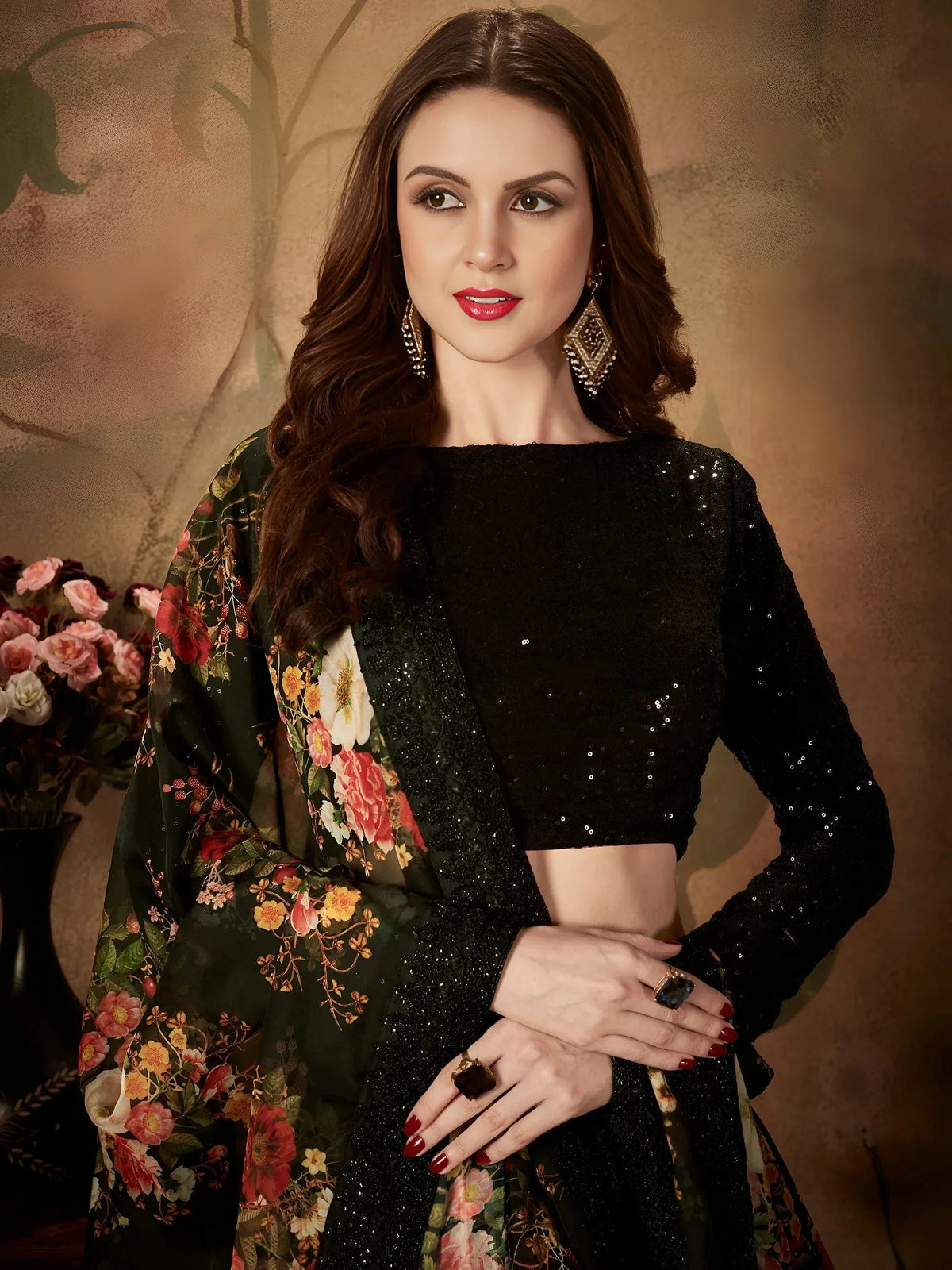 Tulsi Art Black Floral Digital Printed Organza Party Wear Lehenga Choli | Grocsy