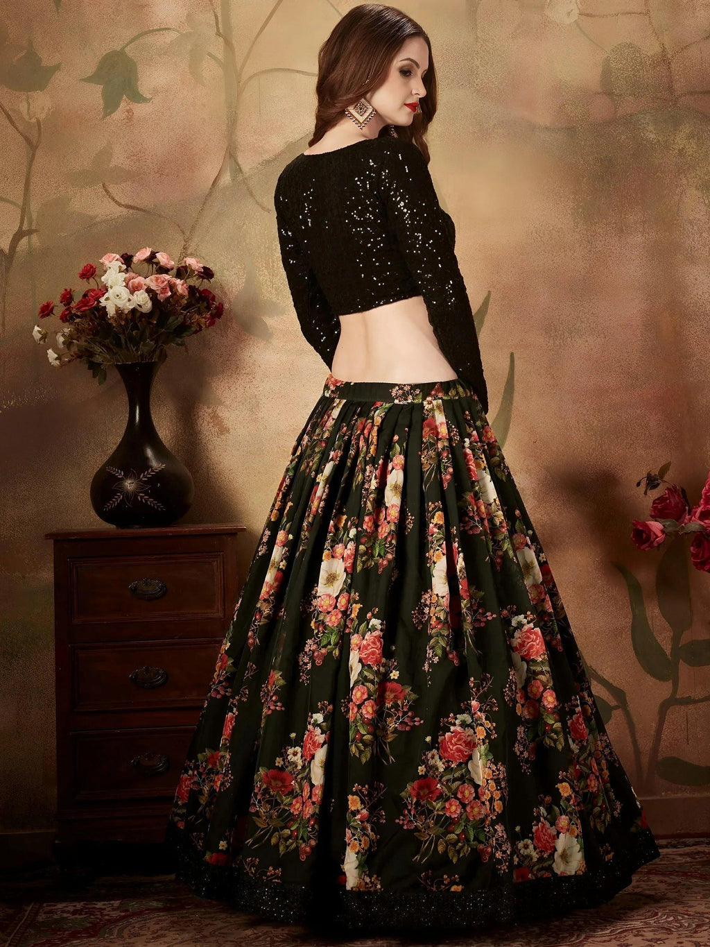 Tulsi Art Black Floral Digital Printed Organza Party Wear Lehenga Choli | Grocsy
