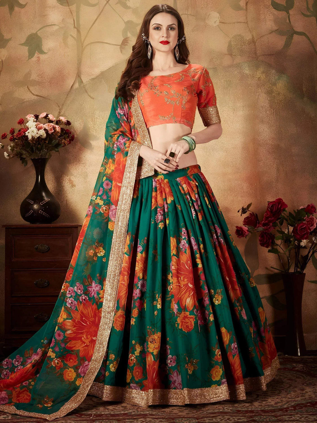 Tulsi Art Green Floral Digital Printed Organza Bridal Lehenga Choli | Grocsy