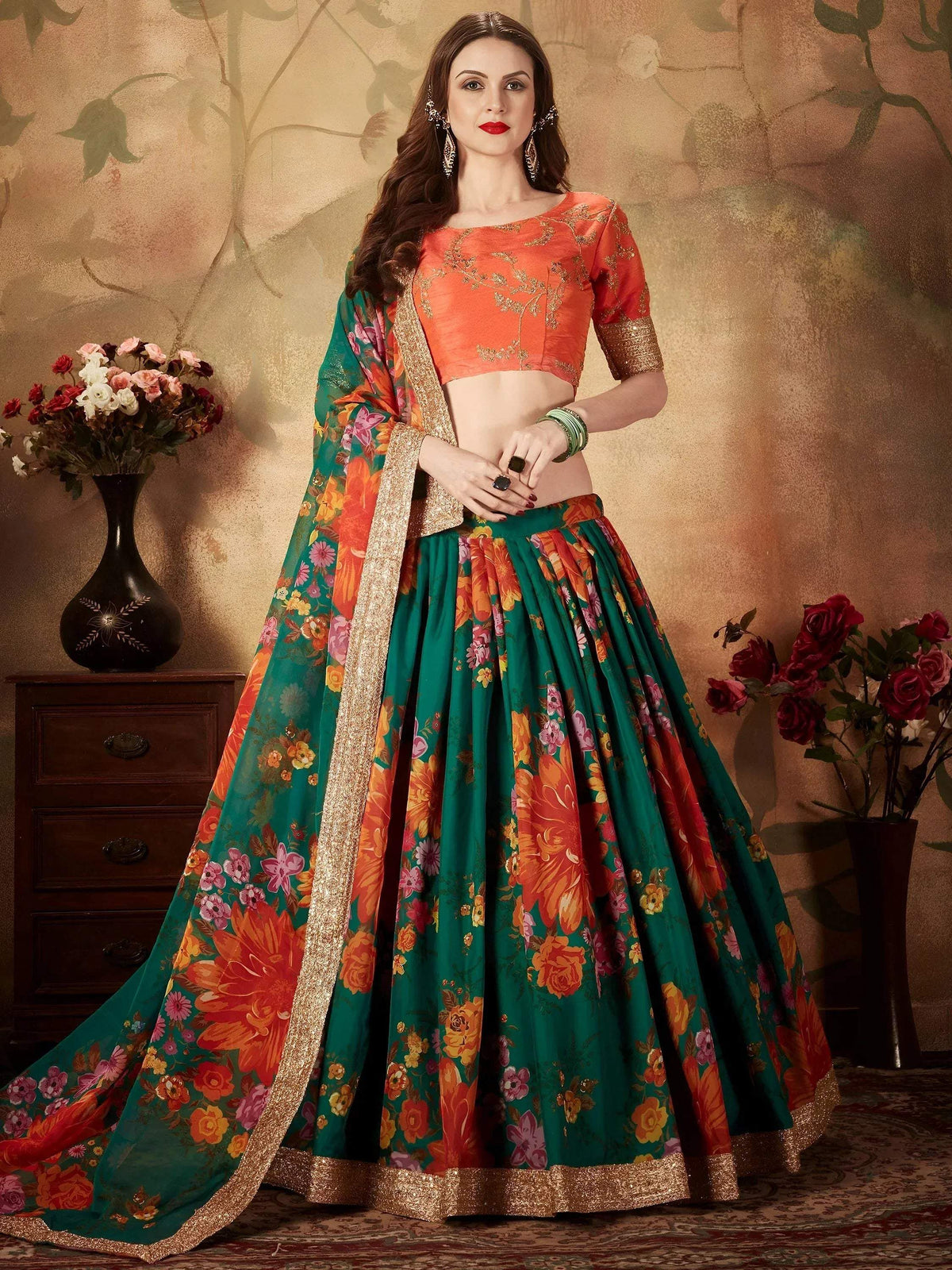 Tulsi Art Green Floral Digital Printed Organza Bridal Lehenga Choli | Grocsy
