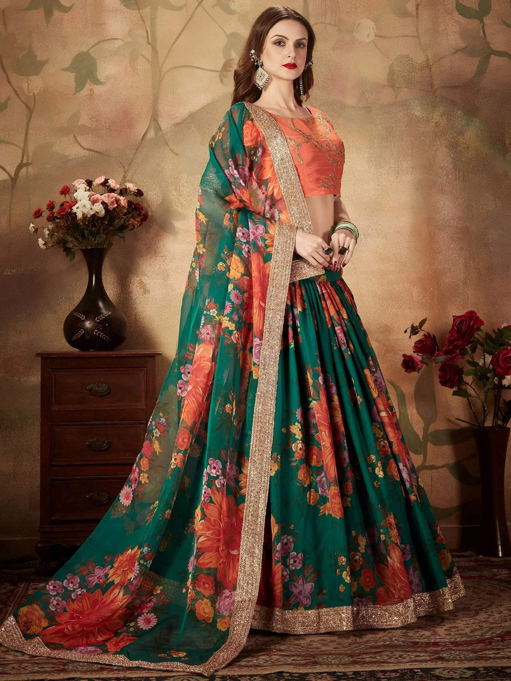 Tulsi Art Green Floral Digital Printed Organza Bridal Lehenga Choli | Grocsy