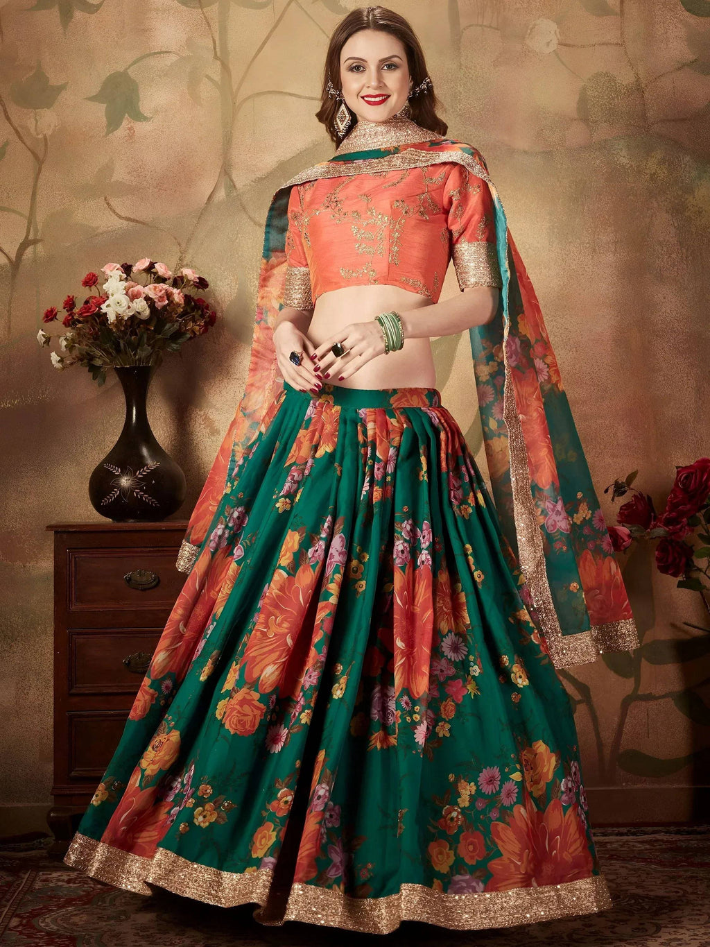 Tulsi Art Green Floral Digital Printed Organza Bridal Lehenga Choli | Grocsy