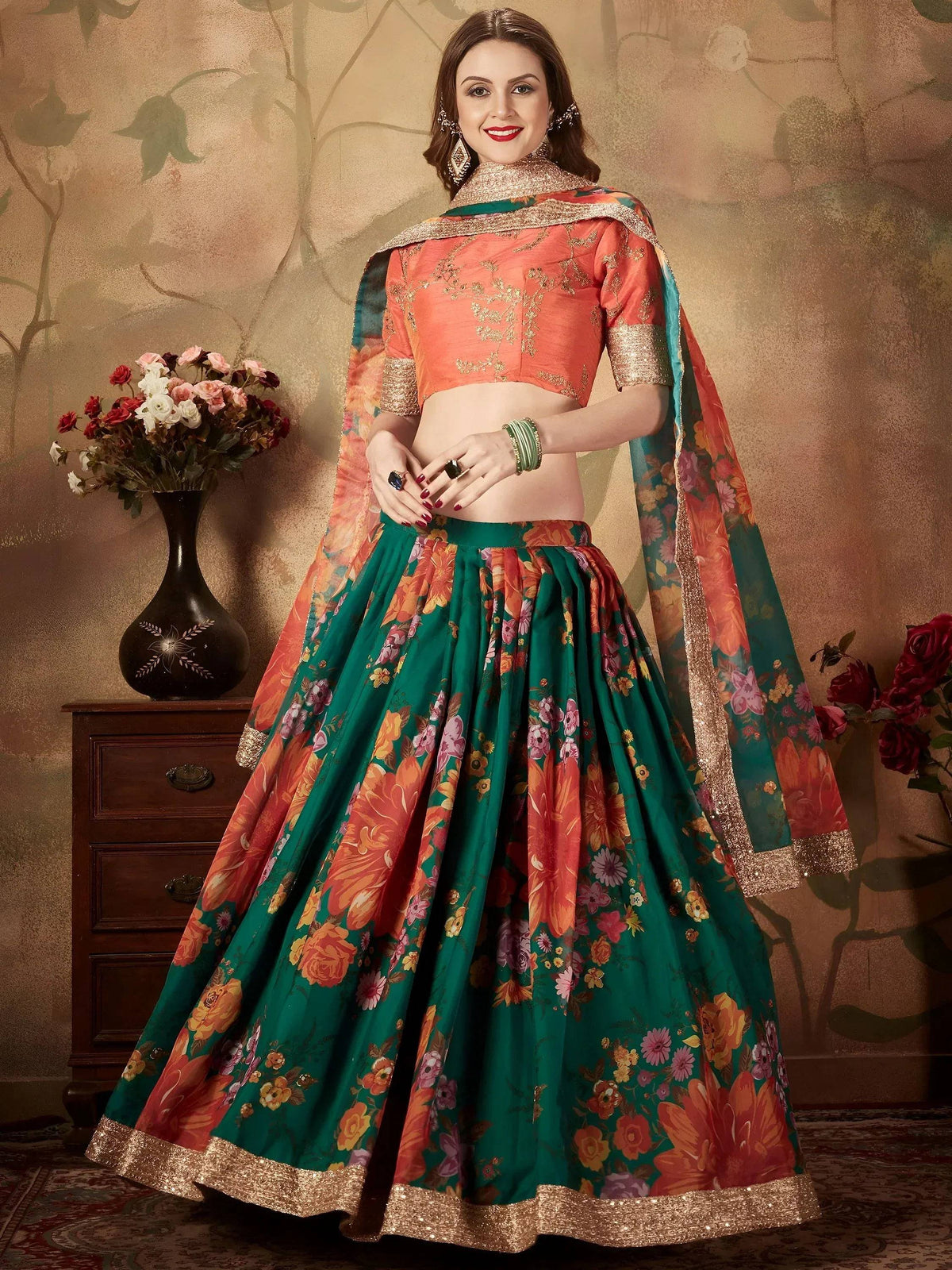 Tulsi Art Green Floral Digital Printed Organza Bridal Lehenga Choli | Grocsy