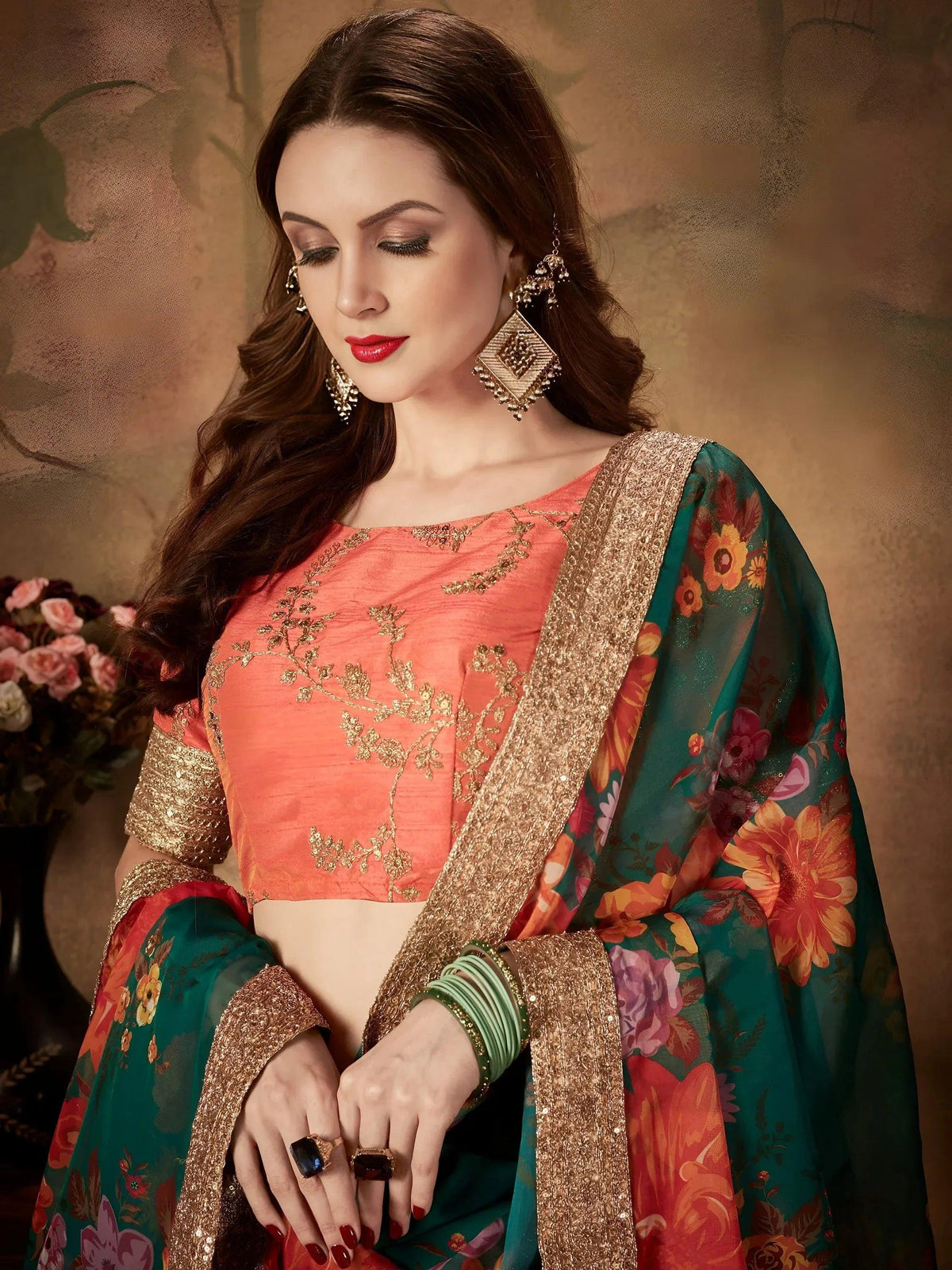Tulsi Art Green Floral Digital Printed Organza Bridal Lehenga Choli | Grocsy