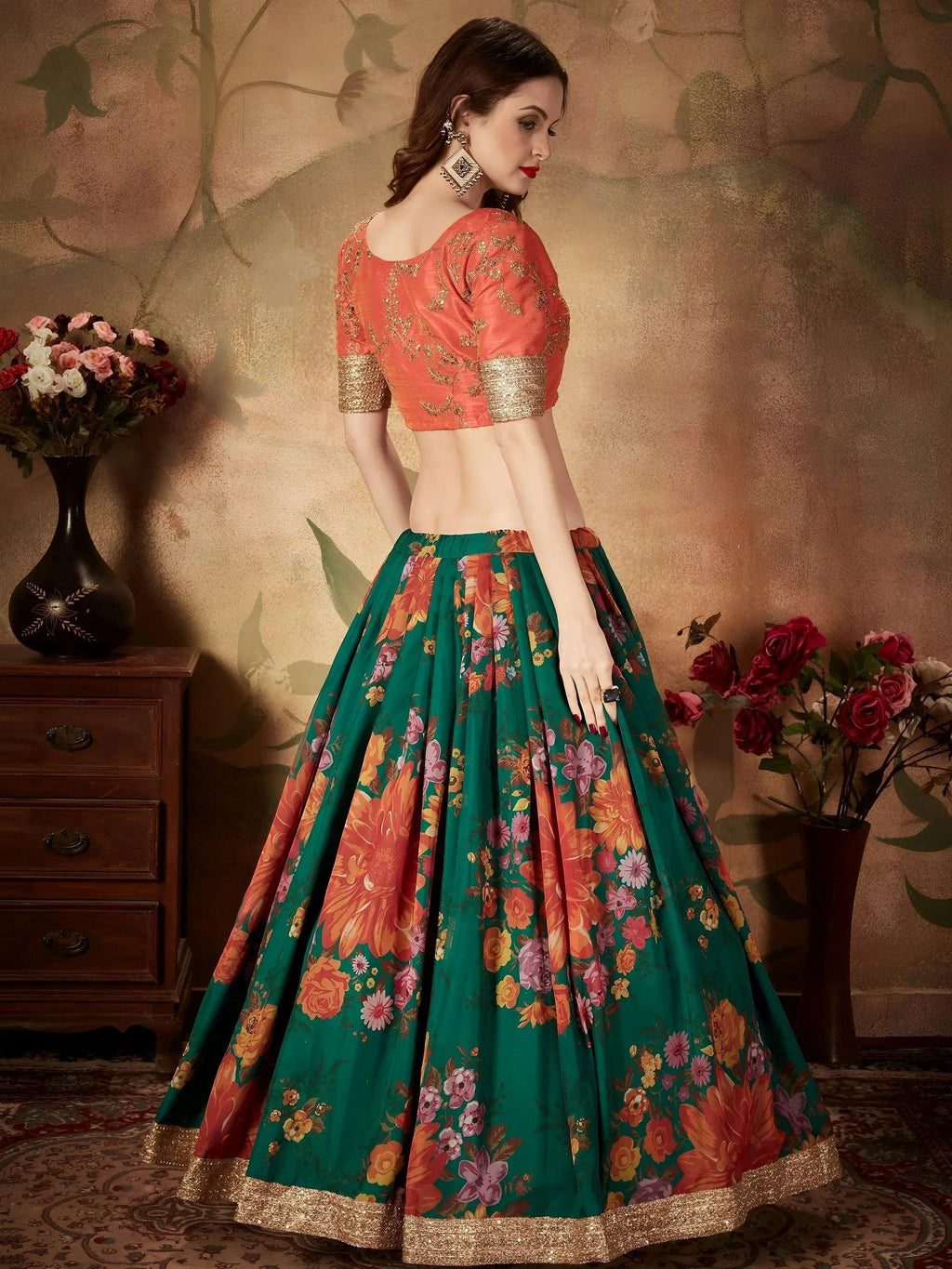 Tulsi Art Green Floral Digital Printed Organza Bridal Lehenga Choli | Grocsy