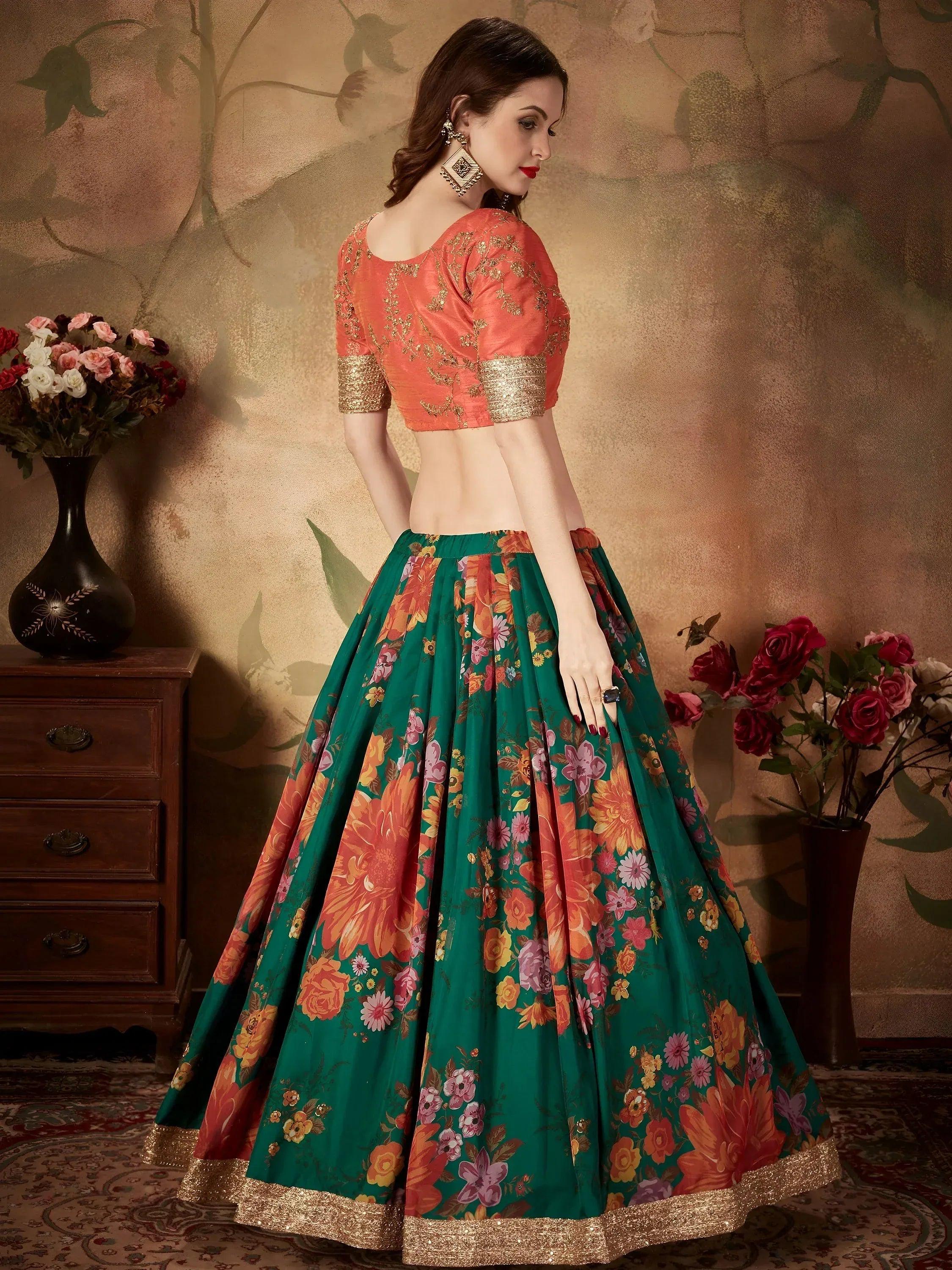 Tulsi Art Green Floral Digital Printed Organza Bridal Lehenga Choli | Grocsy