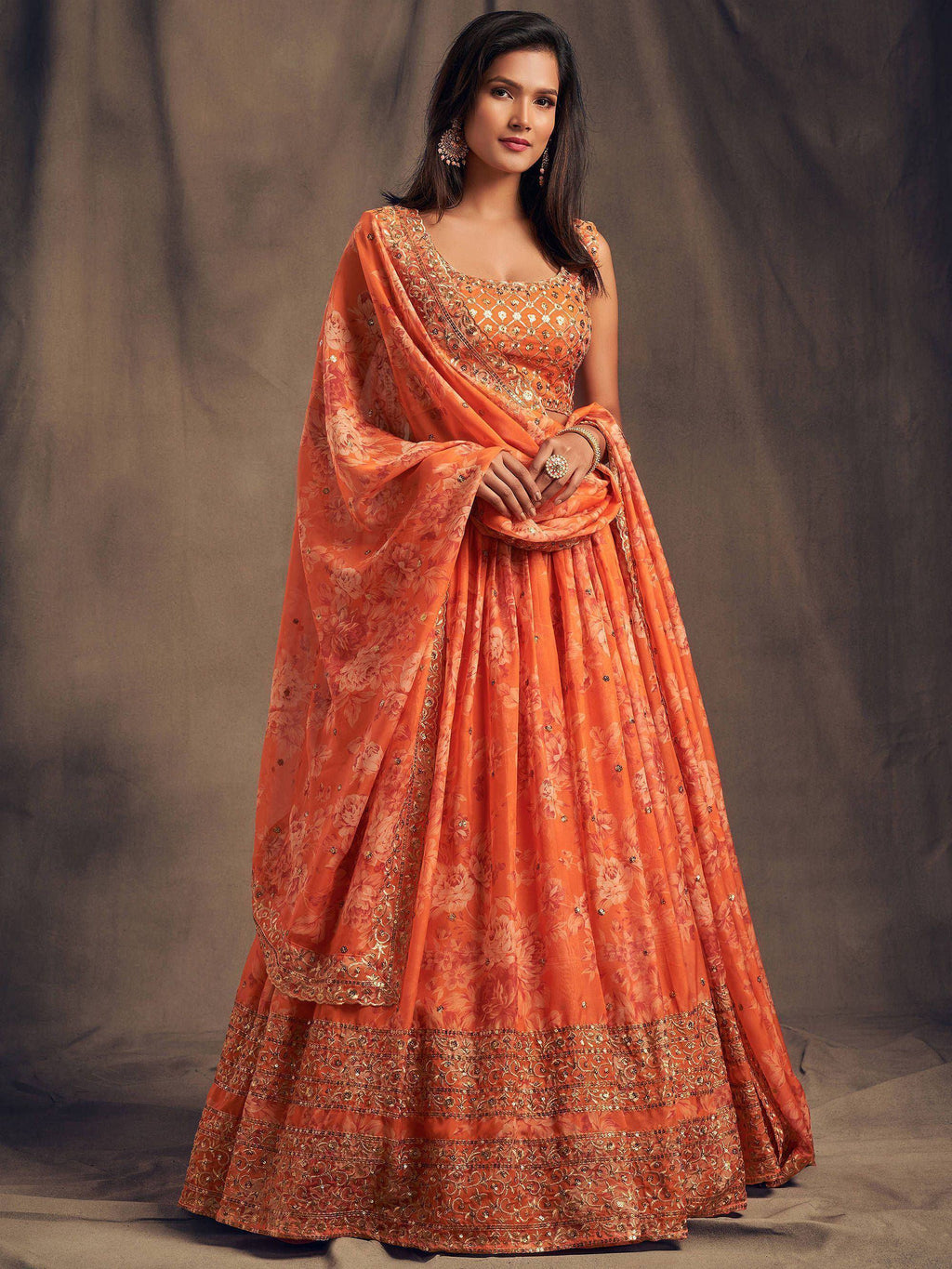 Tulsi Art Orange Floral Embroidered Organza Wedding Wear Lehenga Choli | Grocsy