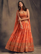 Tulsi Art Orange Floral Embroidered Organza Wedding Wear Lehenga Choli | Grocsy
