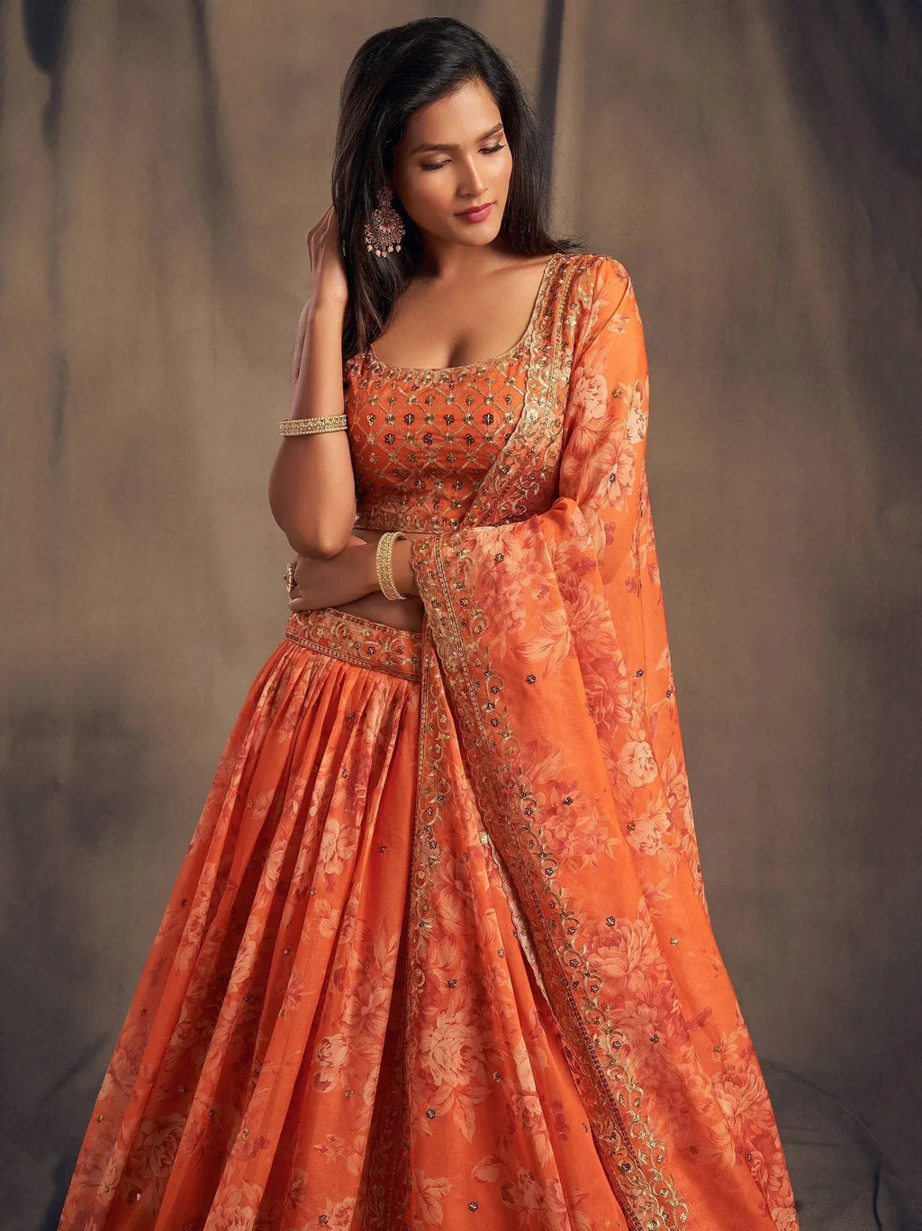 Tulsi Art Orange Floral Embroidered Organza Wedding Wear Lehenga Choli | Grocsy