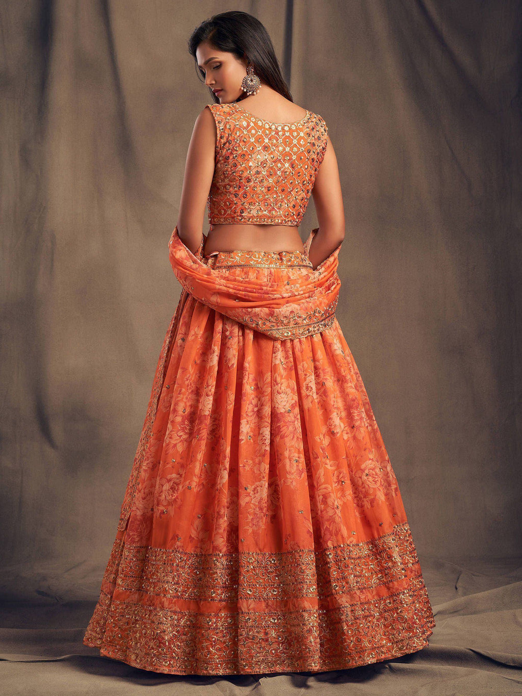 Tulsi Art Orange Floral Embroidered Organza Wedding Wear Lehenga Choli | Grocsy
