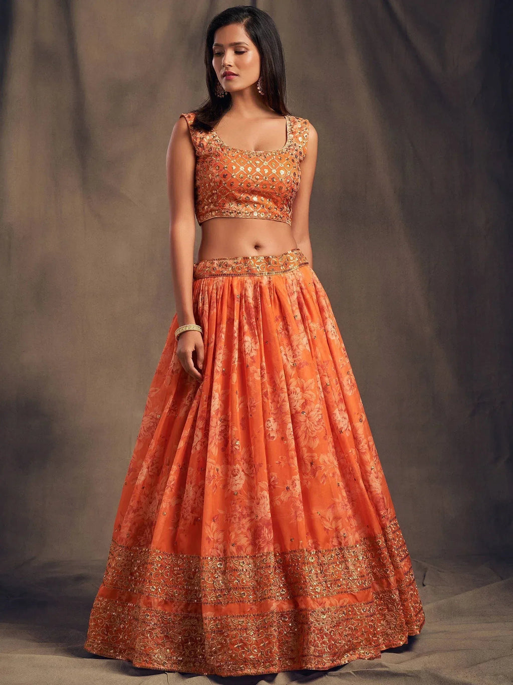 Tulsi Art Orange Floral Embroidered Organza Wedding Wear Lehenga Choli | Grocsy