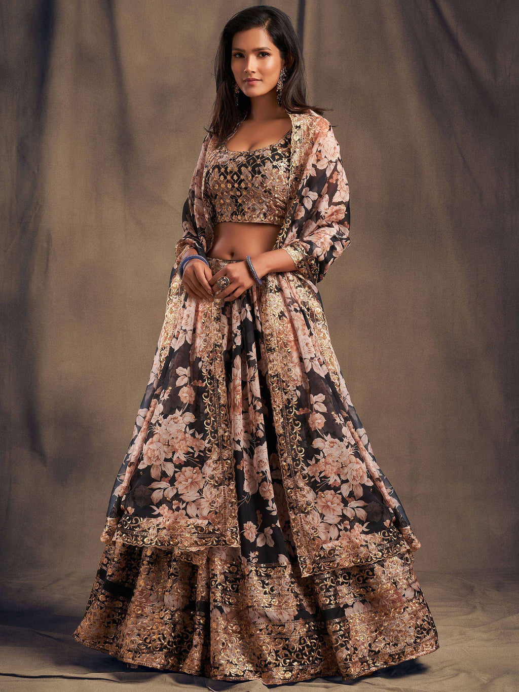 Tulsi Art Black Floral Embroidered Organza Wedding Wear Lehenga Choli | Grocsy