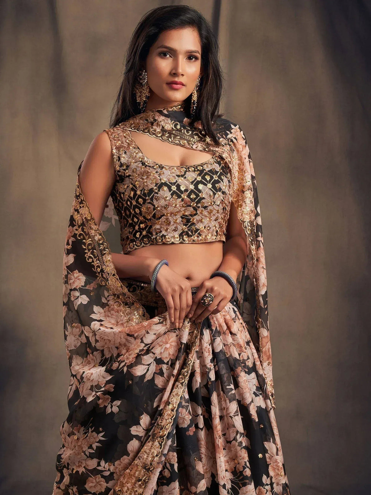 Tulsi Art Black Floral Embroidered Organza Wedding Wear Lehenga Choli | Grocsy