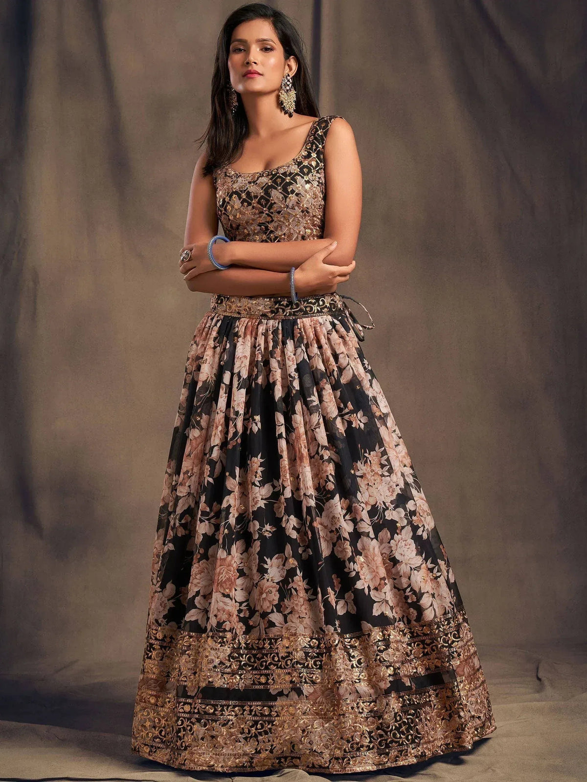Tulsi Art Black Floral Embroidered Organza Wedding Wear Lehenga Choli | Grocsy