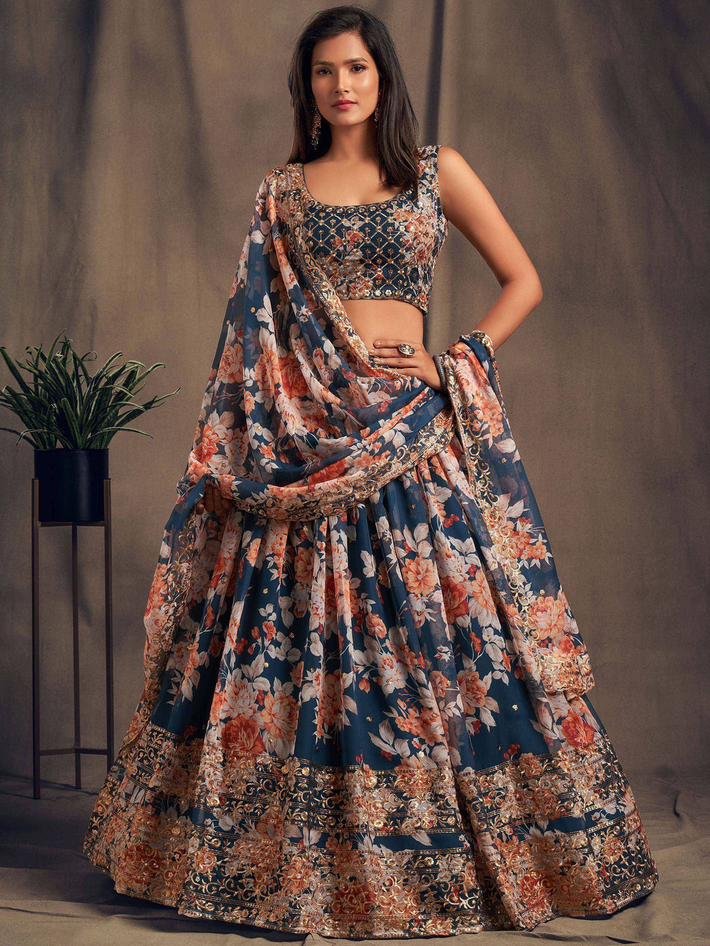 Tulsi Art Dove Blue Floral Embroidered Organza Wedding Wear Lehenga Choli | Grocsy