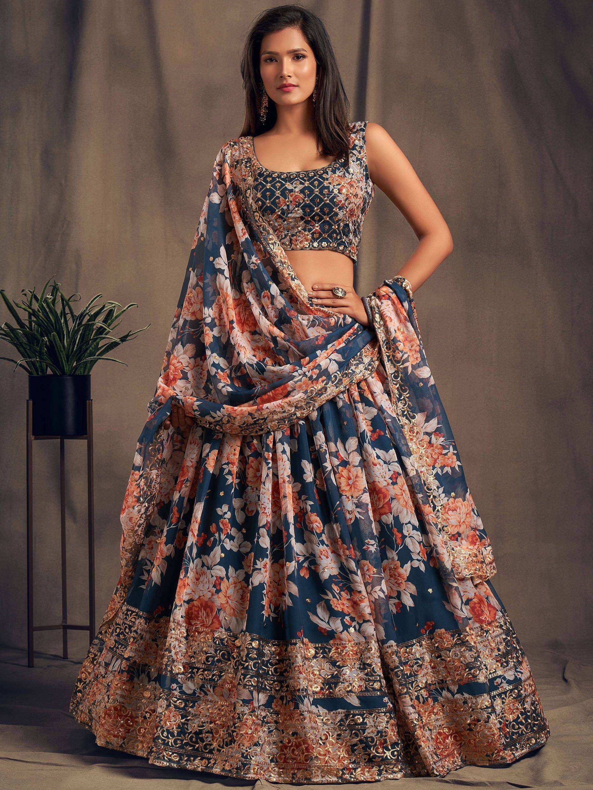 Tulsi Art Dove Blue Floral Embroidered Organza Wedding Wear Lehenga Choli | Grocsy