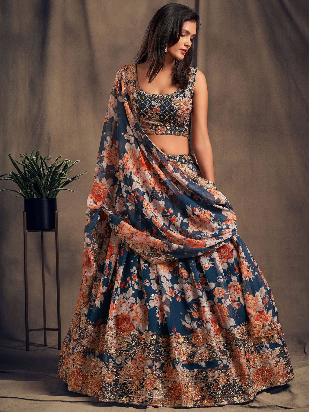 Tulsi Art Dove Blue Floral Embroidered Organza Wedding Wear Lehenga Choli | Grocsy