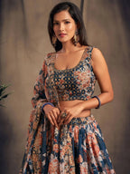 Tulsi Art Dove Blue Floral Embroidered Organza Wedding Wear Lehenga Choli | Grocsy