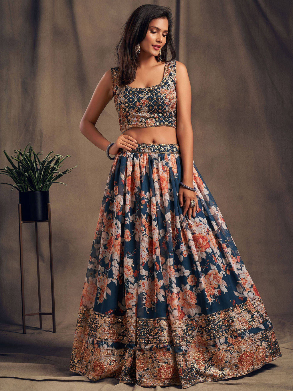 Tulsi Art Dove Blue Floral Embroidered Organza Wedding Wear Lehenga Choli | Grocsy