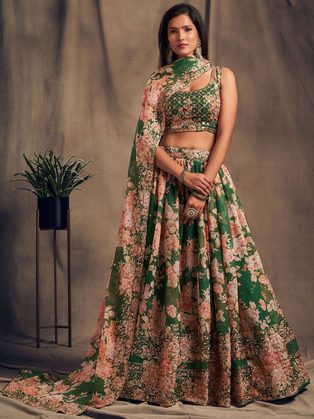 Tulsi Art Green Floral Embroidered Organza Wedding Wear Lehenga Choli | Grocsy