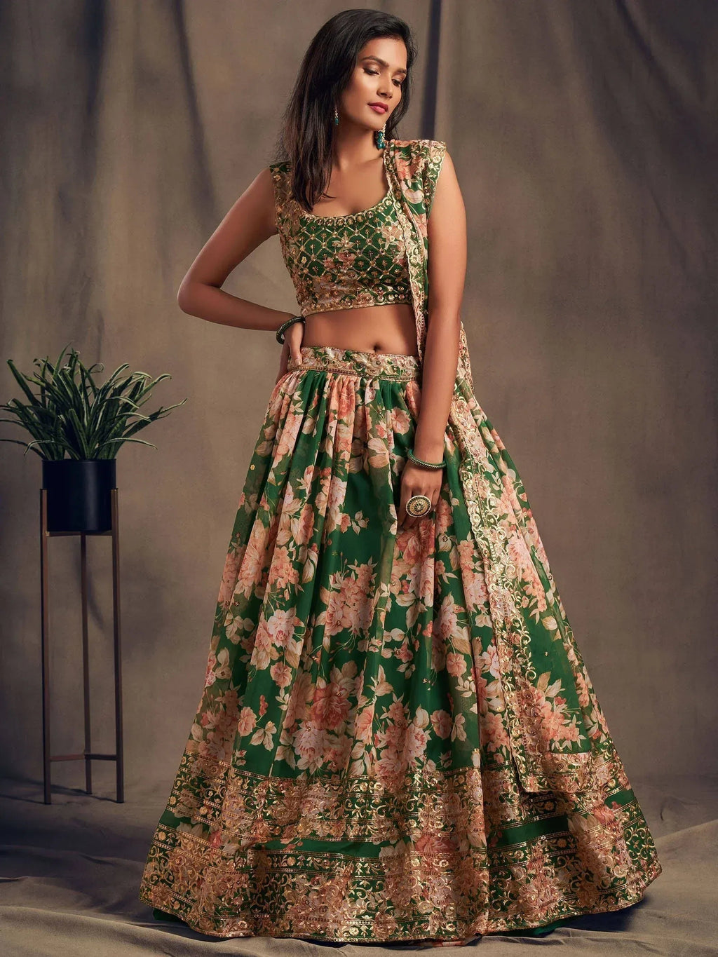 Tulsi Art Green Floral Embroidered Organza Wedding Wear Lehenga Choli | Grocsy