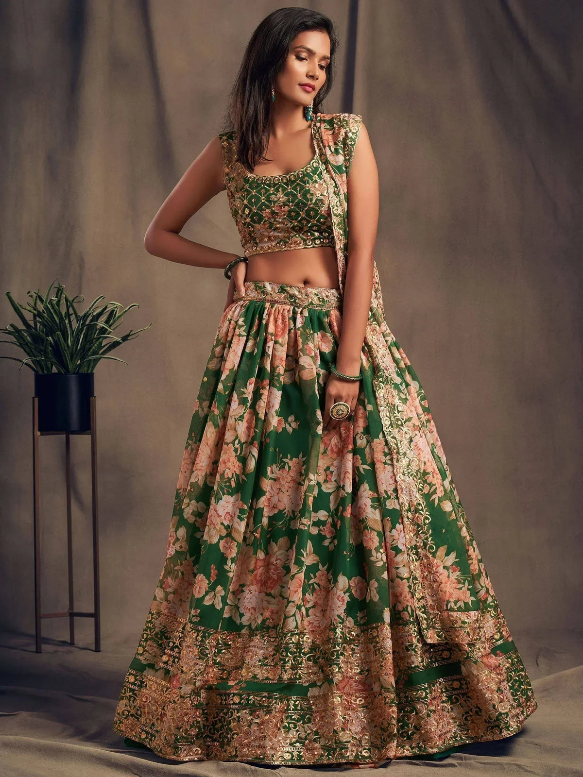 Tulsi Art Green Floral Embroidered Organza Wedding Wear Lehenga Choli | Grocsy