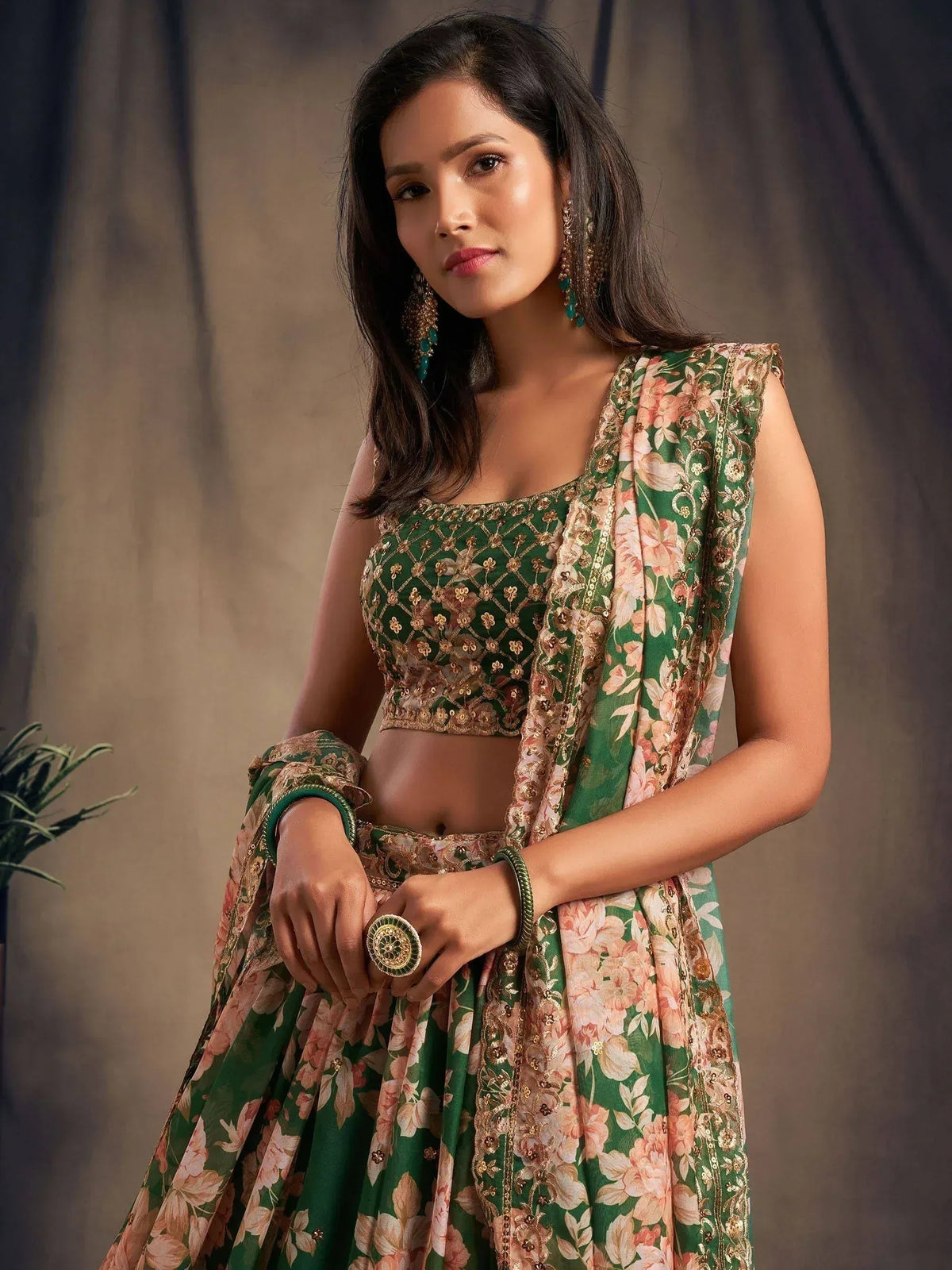 Tulsi Art Green Floral Embroidered Organza Wedding Wear Lehenga Choli | Grocsy