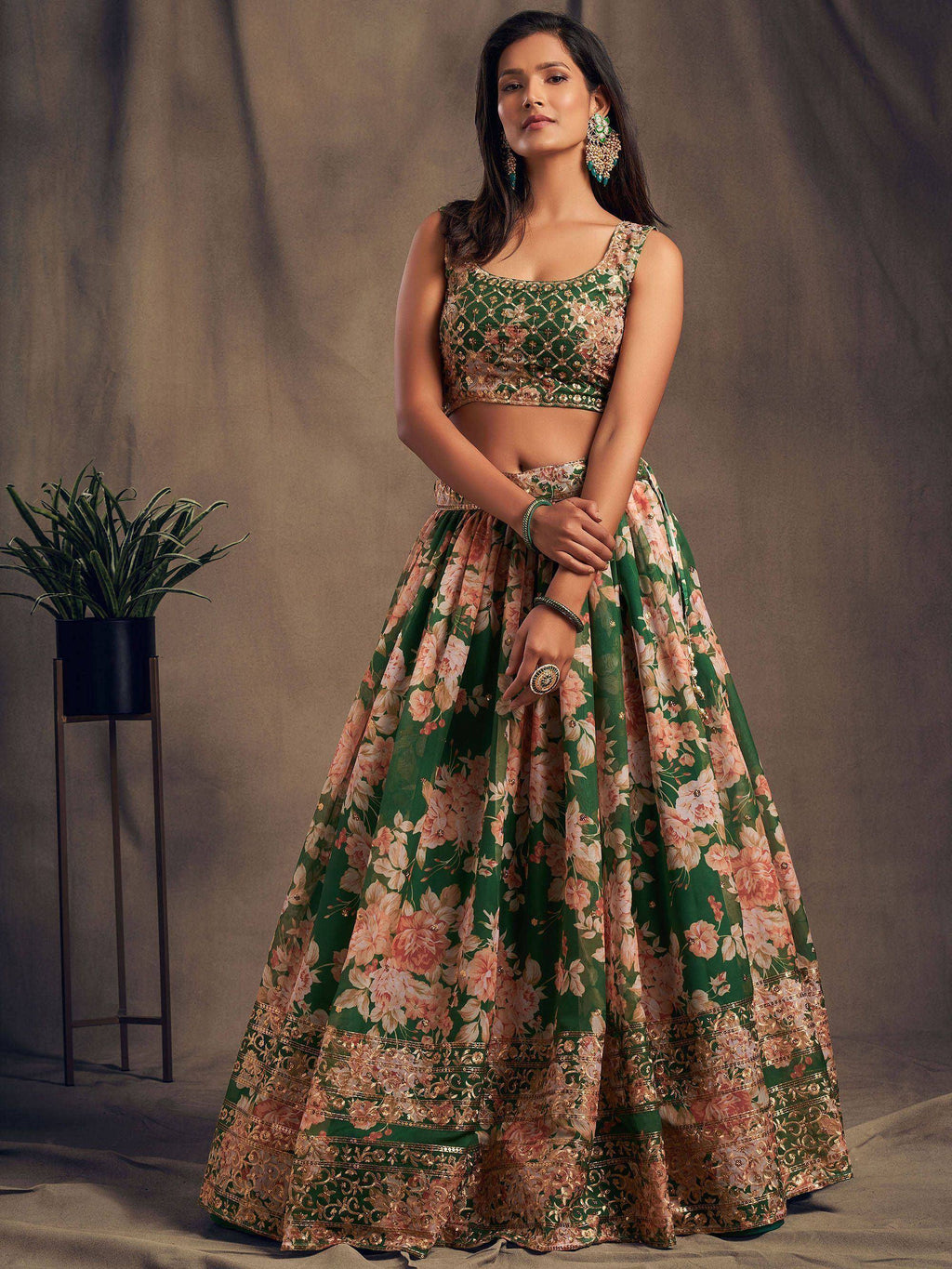 Tulsi Art Green Floral Embroidered Organza Wedding Wear Lehenga Choli | Grocsy