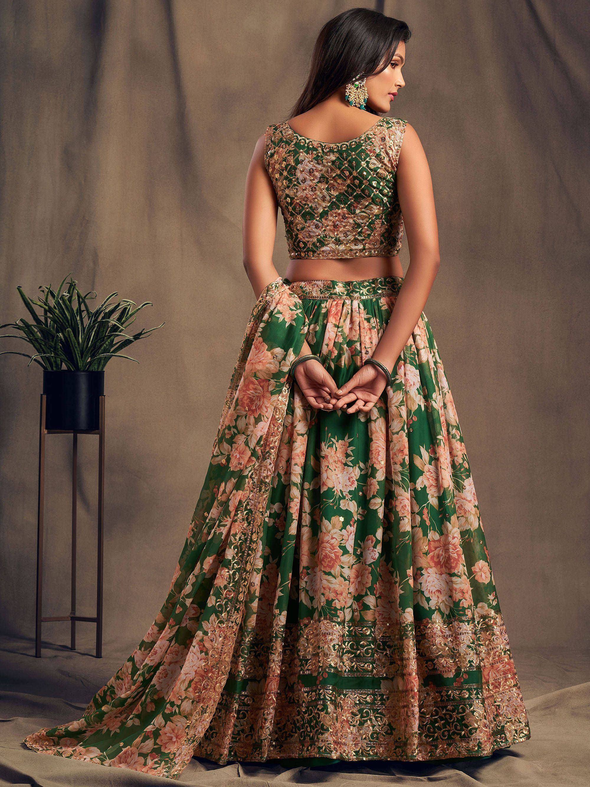 Tulsi Art Green Floral Embroidered Organza Wedding Wear Lehenga Choli | Grocsy