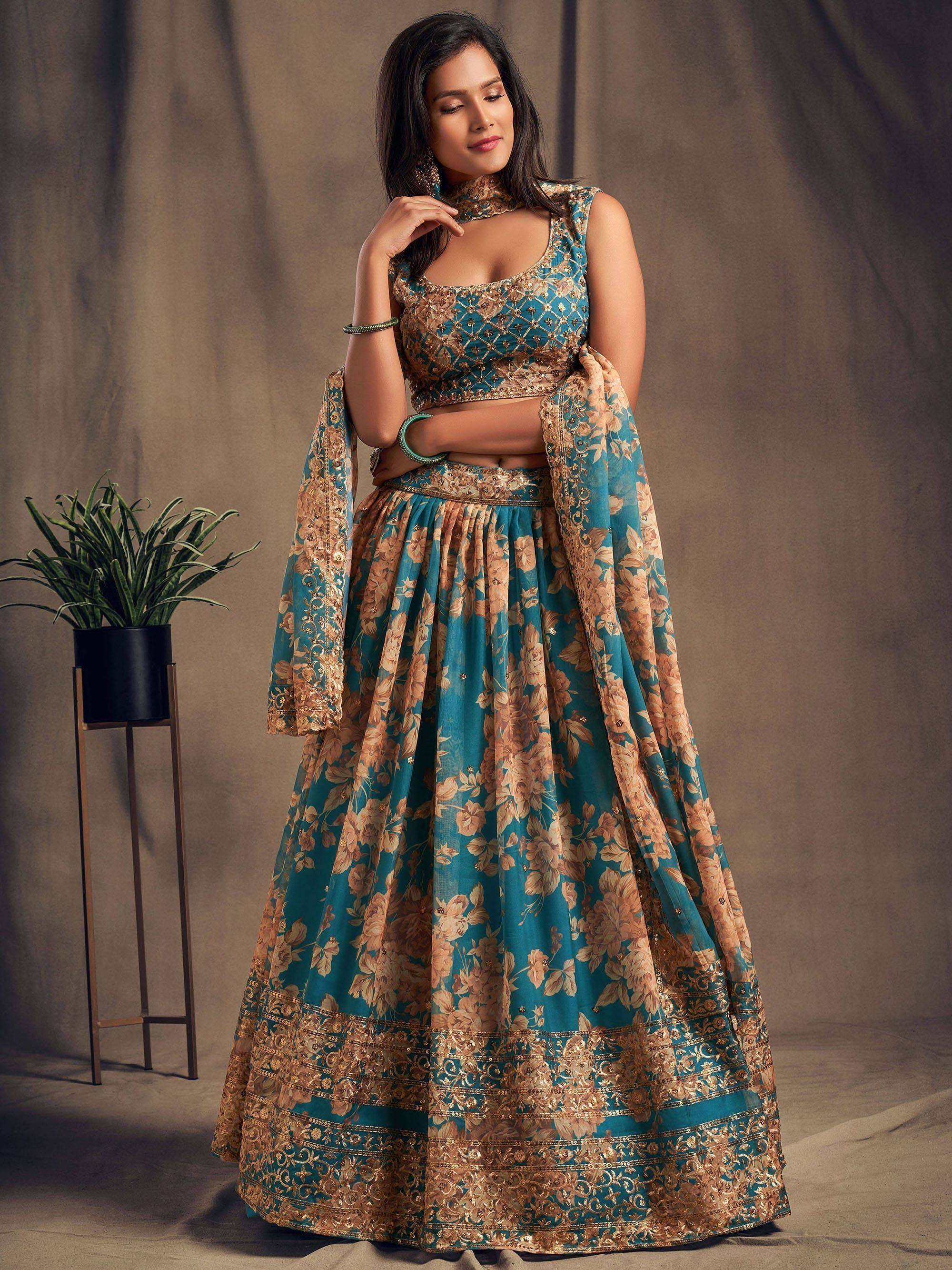 Tulsi Art Teal Blue Floral Embroidered Organza Wedding Wear Lehenga Choli | Grocsy