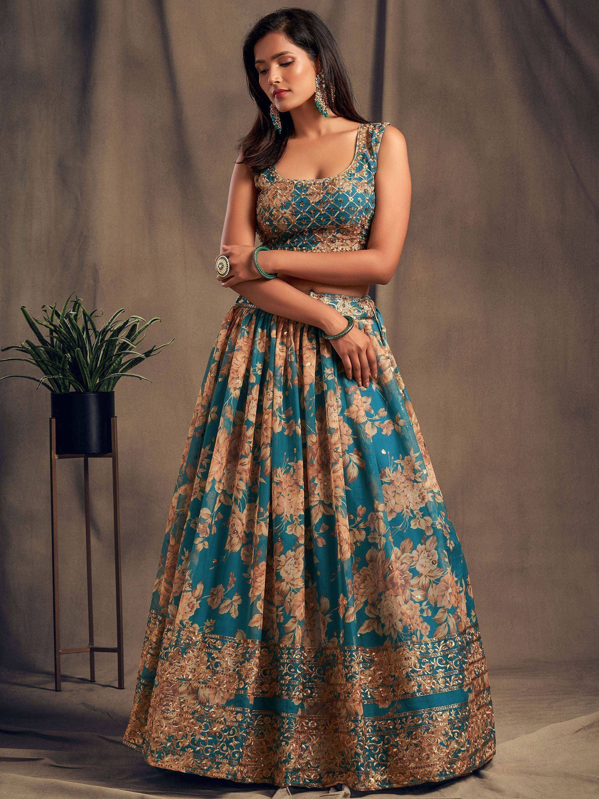 Tulsi Art Teal Blue Floral Embroidered Organza Wedding Wear Lehenga Choli | Grocsy