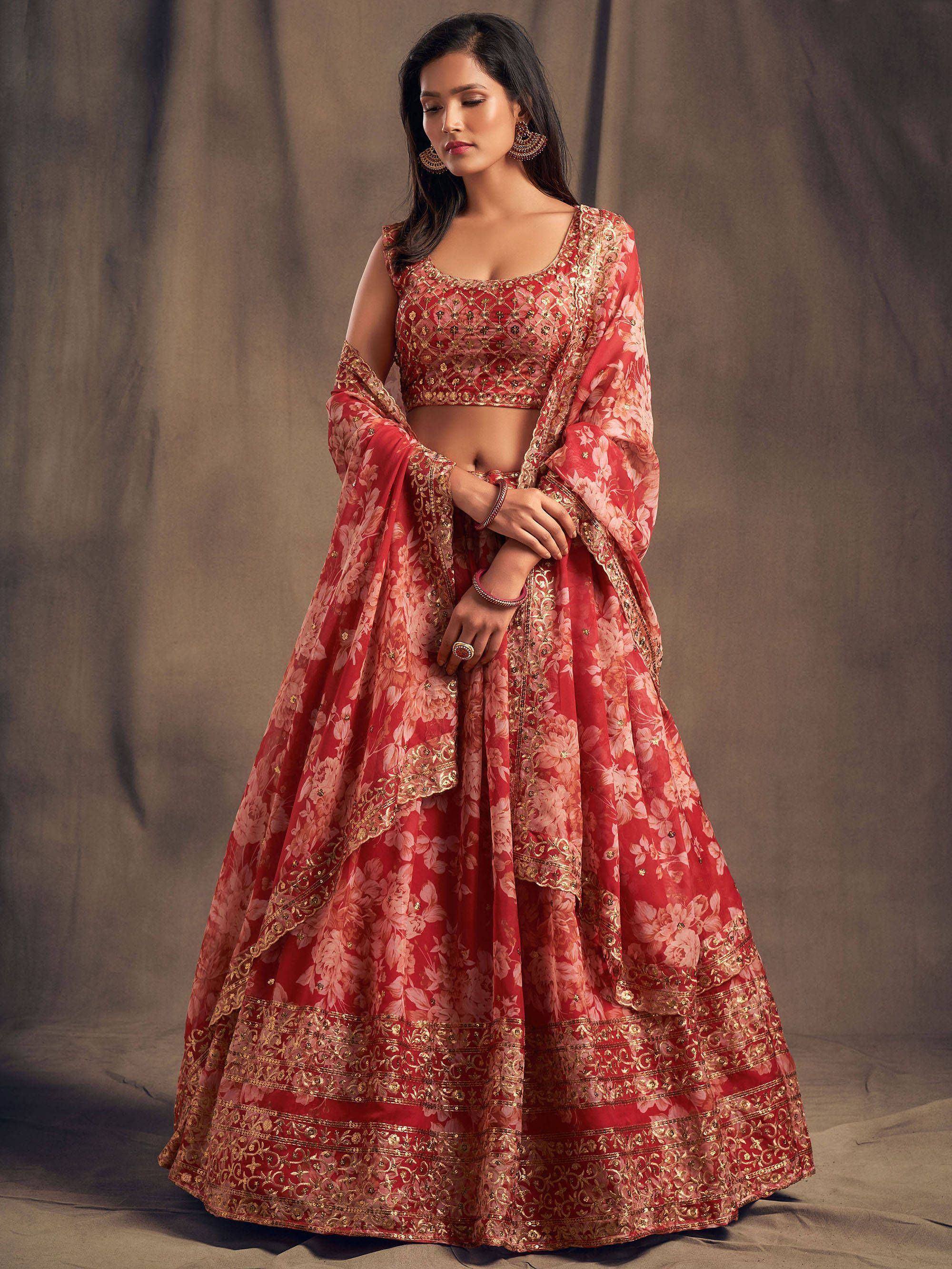 Tulsi Art Red Floral Embroidered Organza Wedding Wear Lehenga Choli | Grocsy