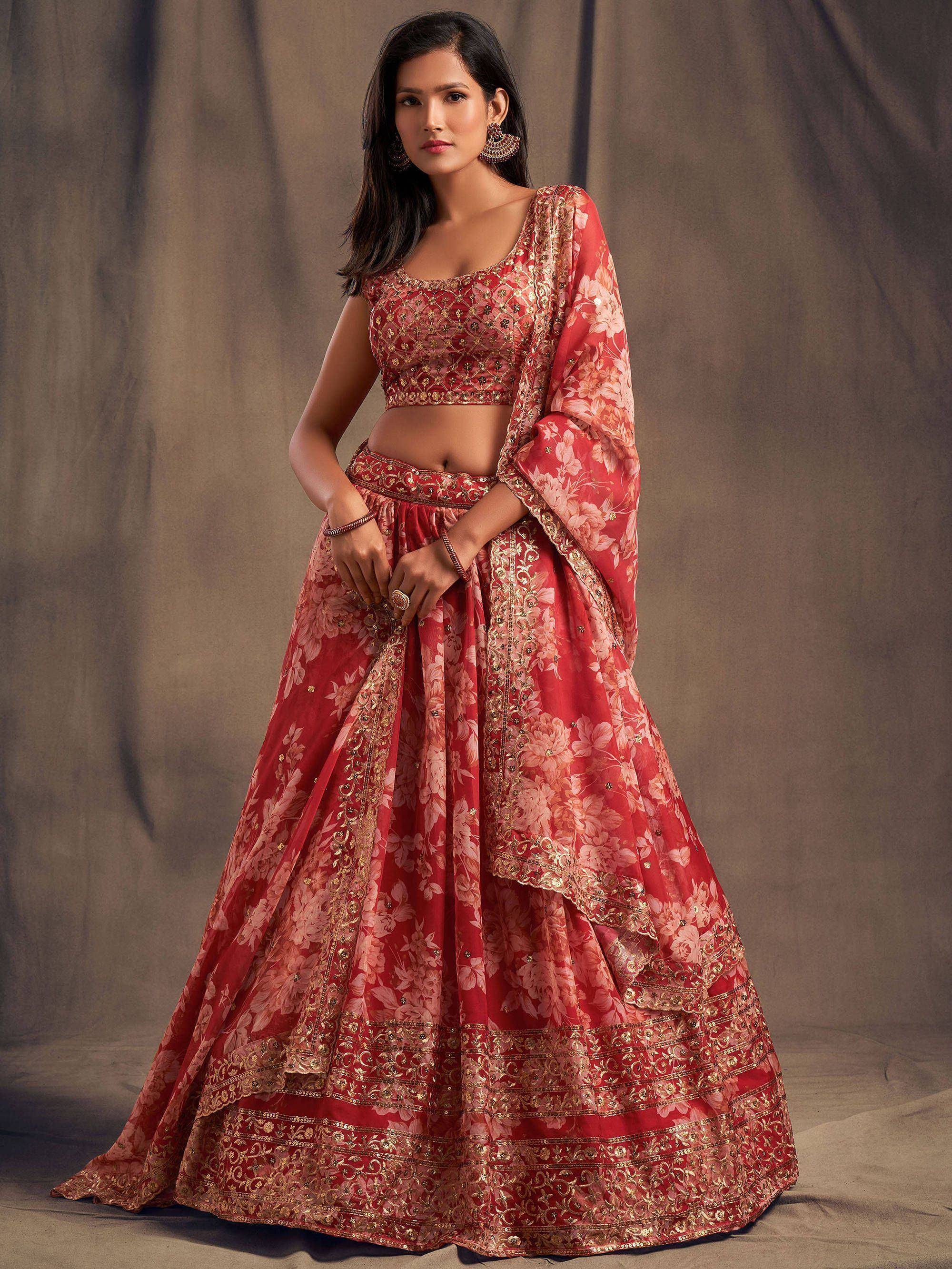 Tulsi Art Red Floral Embroidered Organza Wedding Wear Lehenga Choli | Grocsy