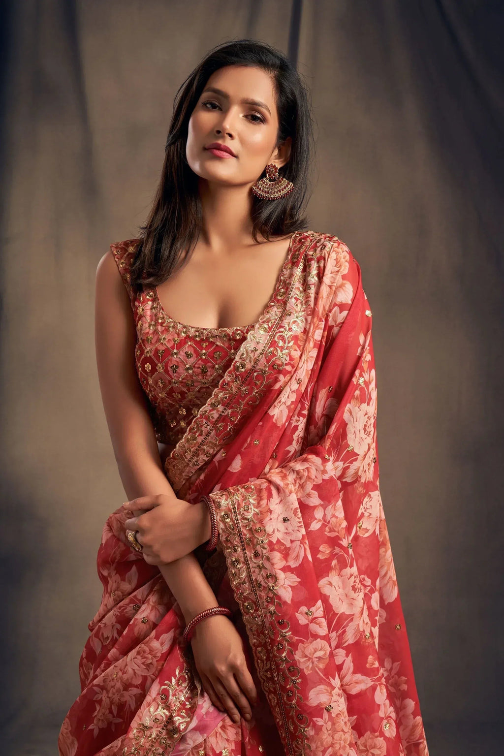 Tulsi Art Shraddha Kapoor Red Floral Printed Organza Wedding Wear Lehenga Choli | Grocsy