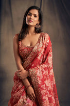 Tulsi Art Shraddha Kapoor Red Floral Printed Organza Wedding Wear Lehenga Choli | Grocsy