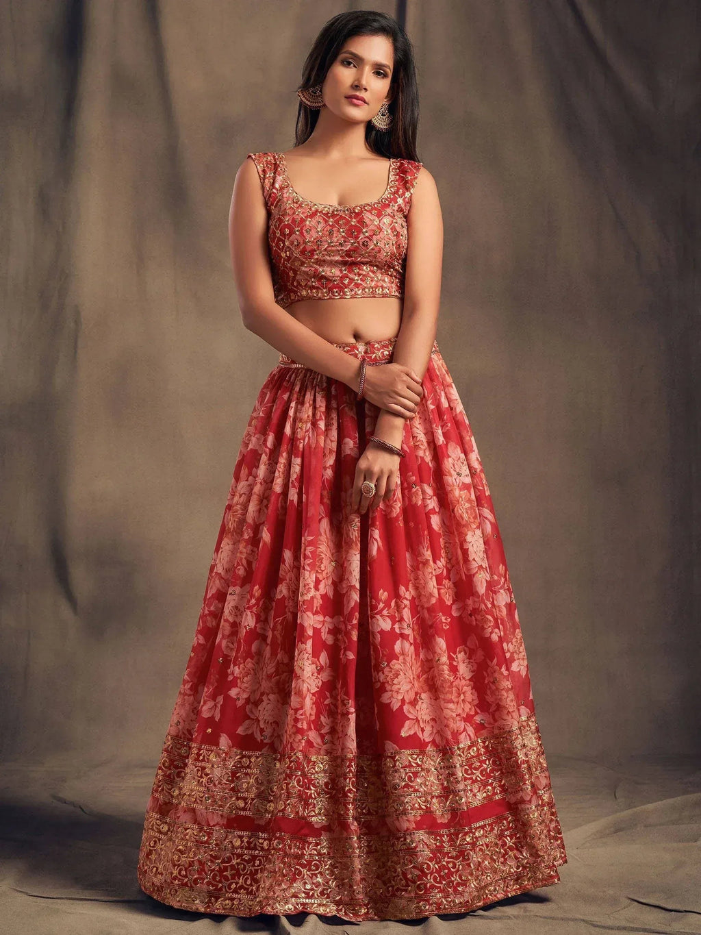 Tulsi Art Red Floral Embroidered Organza Wedding Wear Lehenga Choli | Grocsy