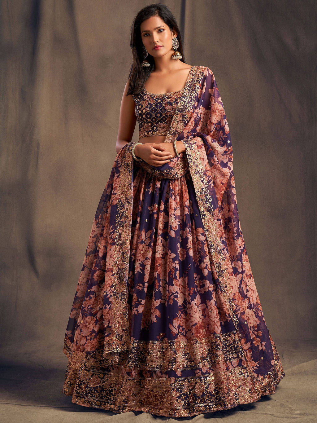 Tulsi Art Purple Floral Embroidered Organza Wedding Wear Lehenga Choli | Grocsy