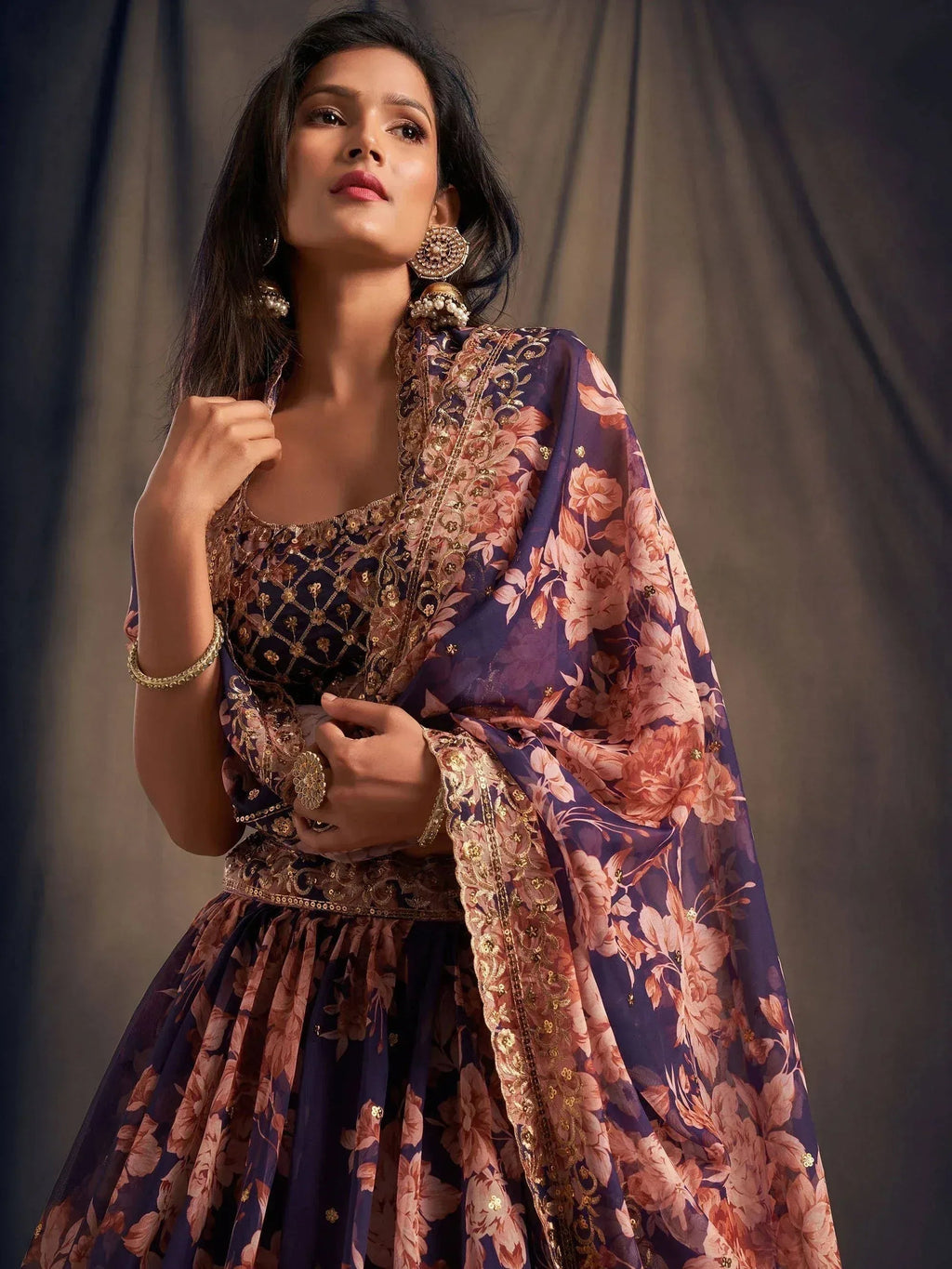Tulsi Art Purple Floral Embroidered Organza Wedding Wear Lehenga Choli | Grocsy