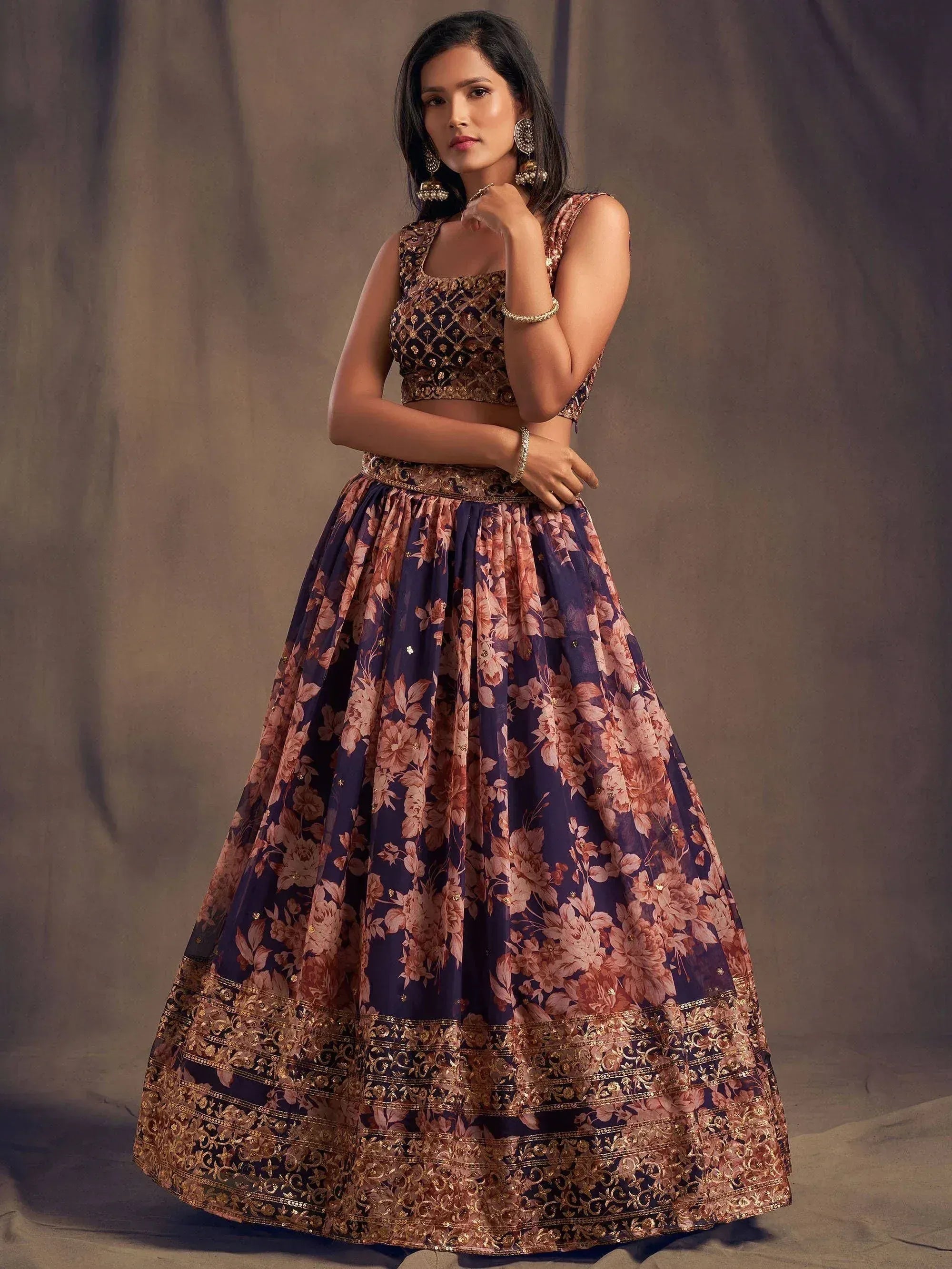 Tulsi Art Purple Floral Embroidered Organza Wedding Wear Lehenga Choli | Grocsy