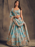 Tulsi Art Sky Blue Floral Embroidered Organza Wedding Wear Lehenga Choli | Grocsy