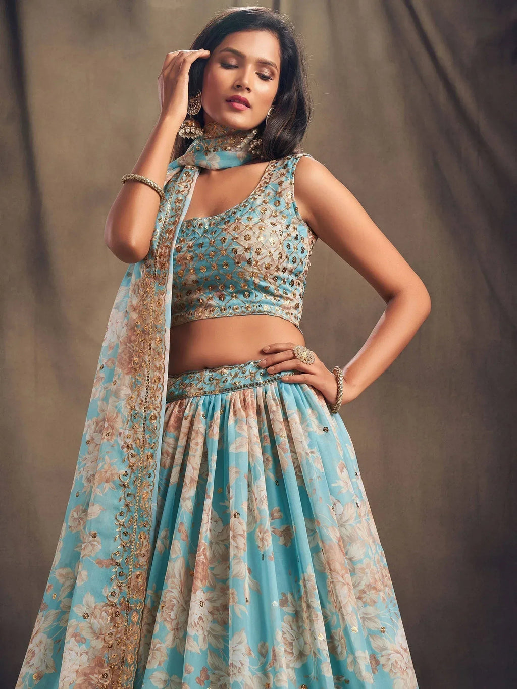 Tulsi Art Sky Blue Floral Embroidered Organza Wedding Wear Lehenga Choli | Grocsy
