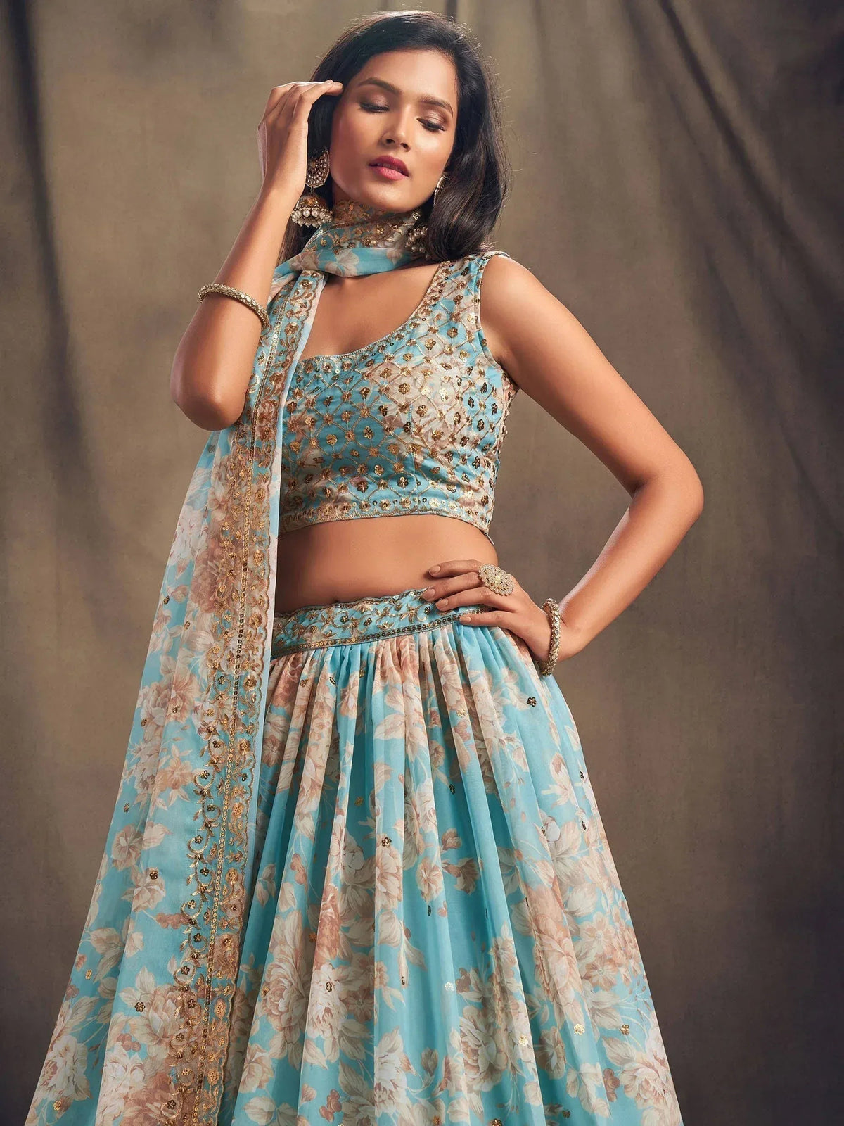 Tulsi Art Sky Blue Floral Embroidered Organza Wedding Wear Lehenga Choli | Grocsy