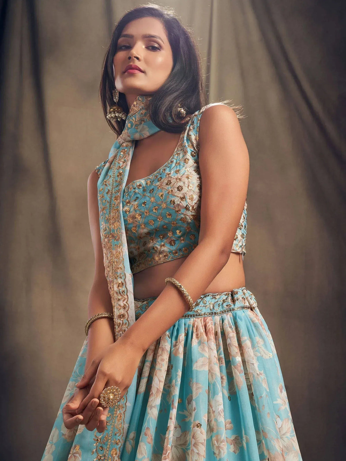 Tulsi Art Sky Blue Floral Embroidered Organza Wedding Wear Lehenga Choli | Grocsy