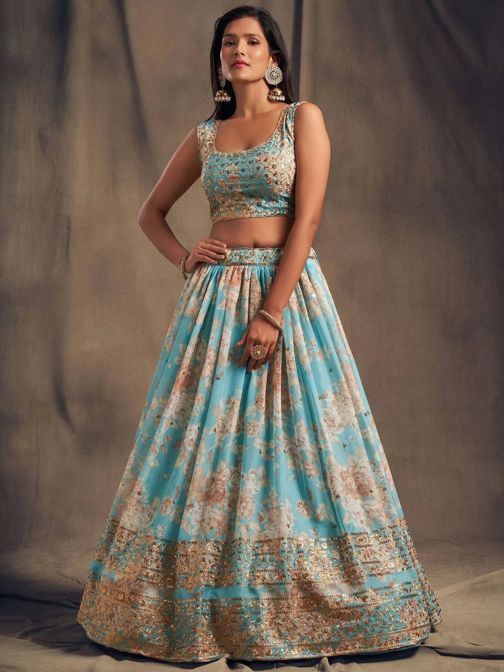 Tulsi Art Sky Blue Floral Embroidered Organza Wedding Wear Lehenga Choli | Grocsy