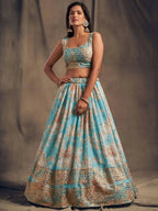 Tulsi Art Sky Blue Floral Embroidered Organza Wedding Wear Lehenga Choli | Grocsy