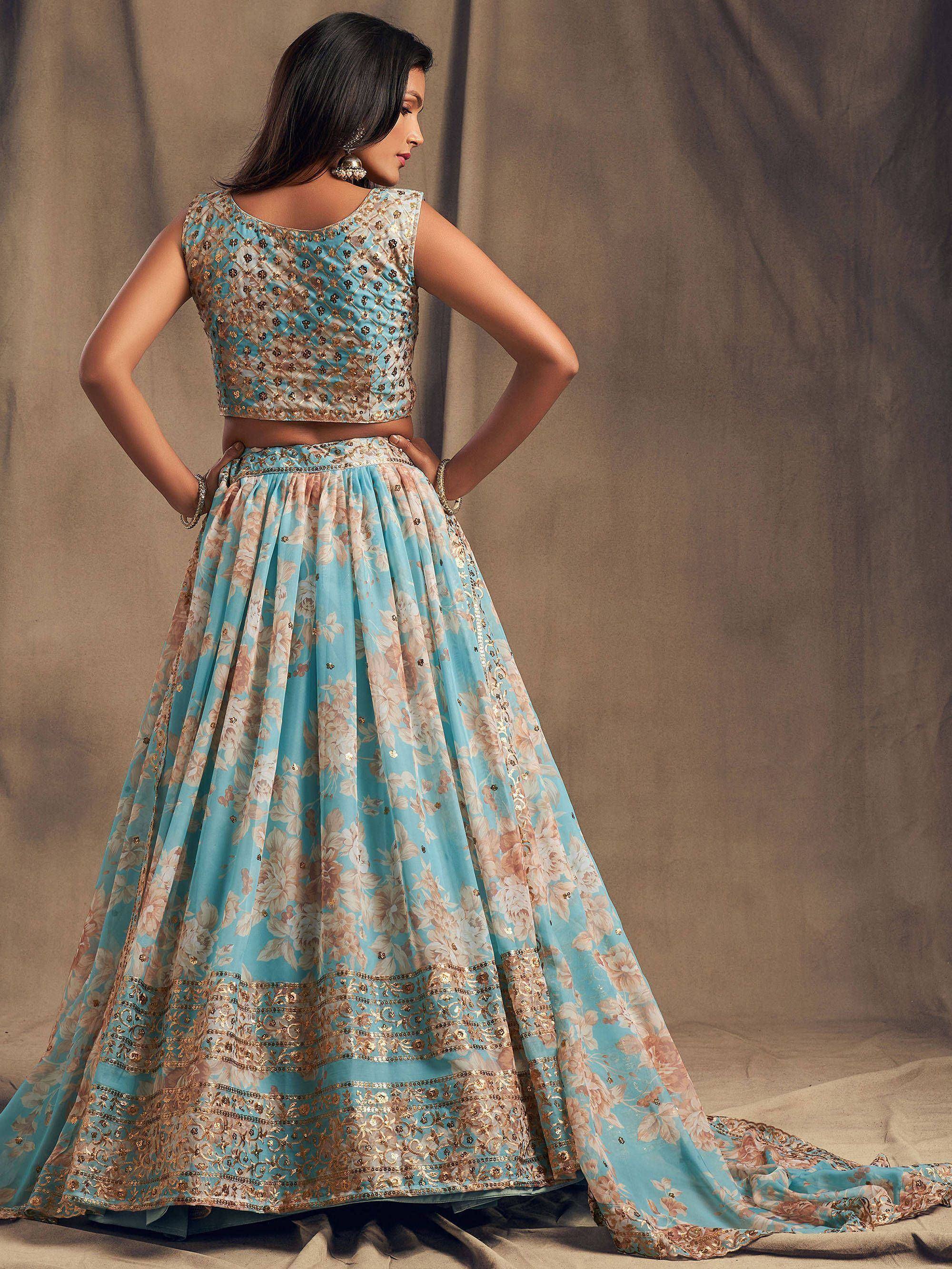 Tulsi Art Sky Blue Floral Embroidered Organza Wedding Wear Lehenga Choli | Grocsy