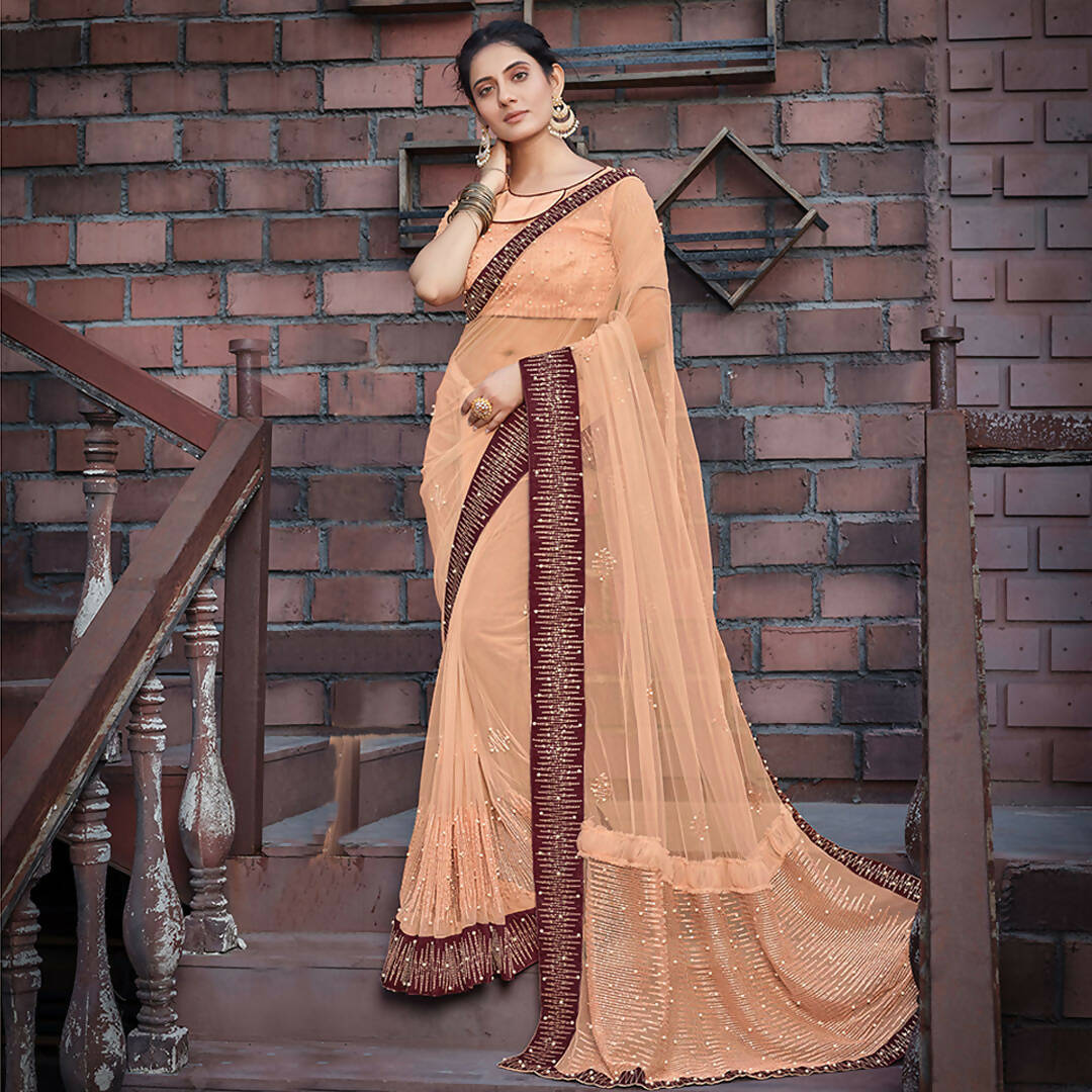 Peach Colored Net Embroidered Saree With Blouse - Norita Royal Adveka | Grocsy